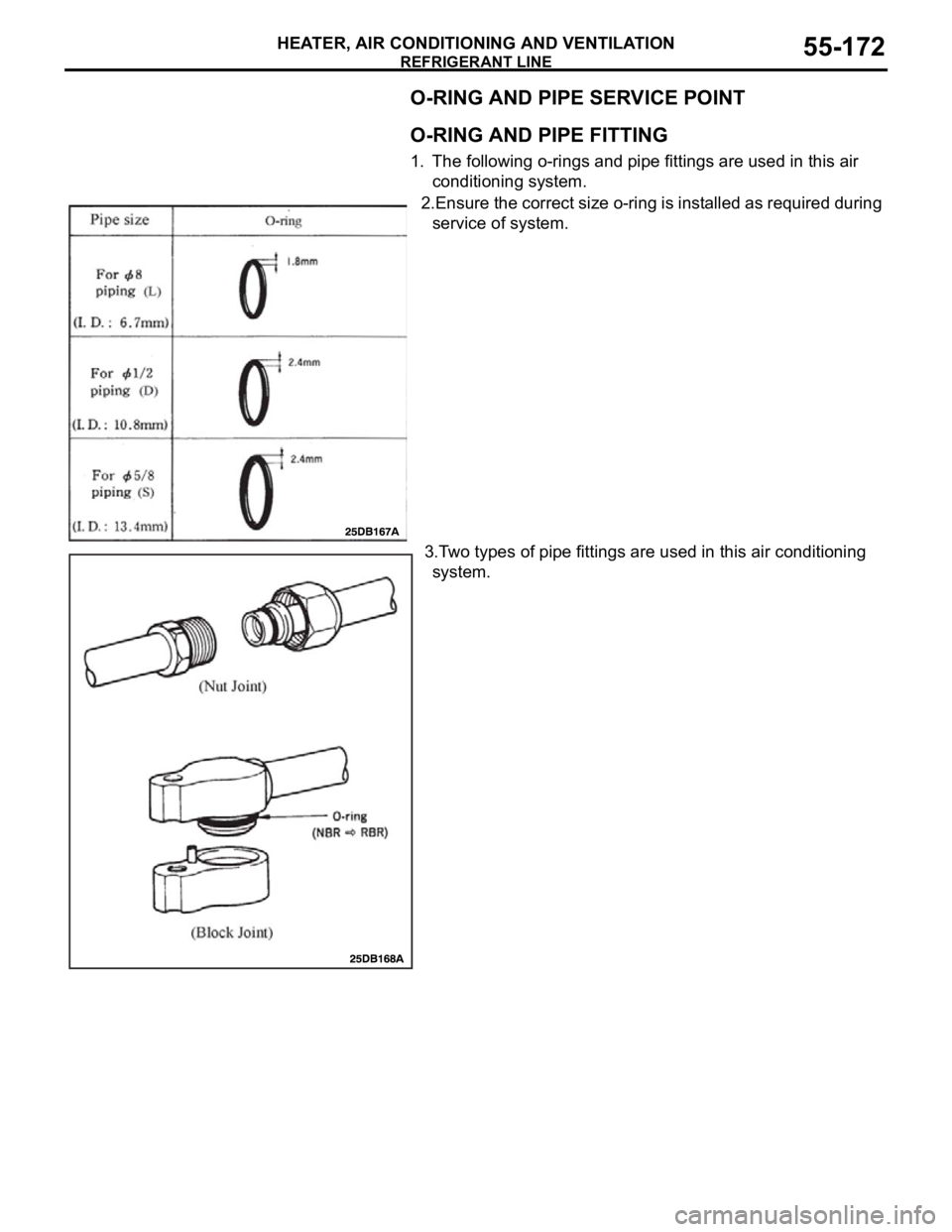 MITSUBISHI 380 2005  Workshop Manual REFRIGERANT LINE
HEATER, AIR CONDITIONING AND VENTILATION55-172
O-RING AND PIPE SERVICE POINT
.
O-RING AND PIPE FITTING
1. The following o-rings and pipe fittings are used in this air 
conditioning sy