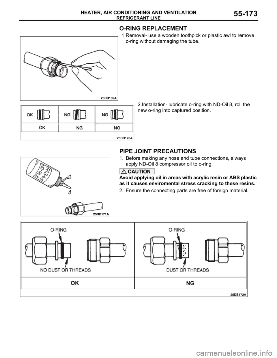 MITSUBISHI 380 2005  Workshop Manual REFRIGERANT LINE
HEATER, AIR CONDITIONING AND VENTILATION55-173
O-RING REPLACEMENT
1.Removal- use a wooden toothpick or plastic awl to remove 
o-ring without damaging the tube.
2.Installation- lubrica