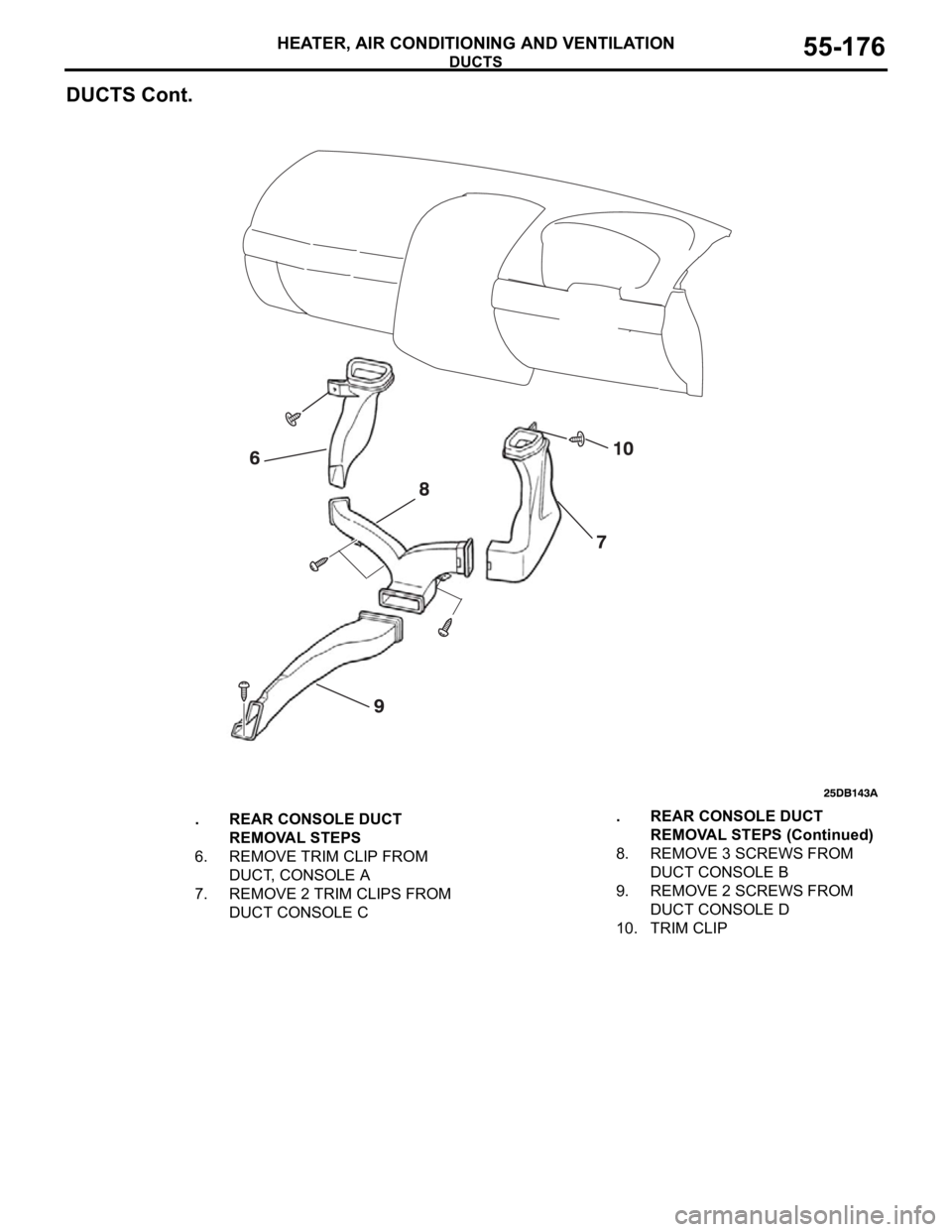 MITSUBISHI 380 2005  Workshop Manual DUCTS
HEATER, AIR CONDITIONING AND VENTILATION55-176
DUCTS Cont.
. REAR CONSOLE DUCT 
REMOVAL STEPS
6. REMOVE TRIM CLIP FROM 
DUCT, CONSOLE A
7. REMOVE 2 TRIM CLIPS FROM 
DUCT CONSOLE C8. REMOVE 3 SCR