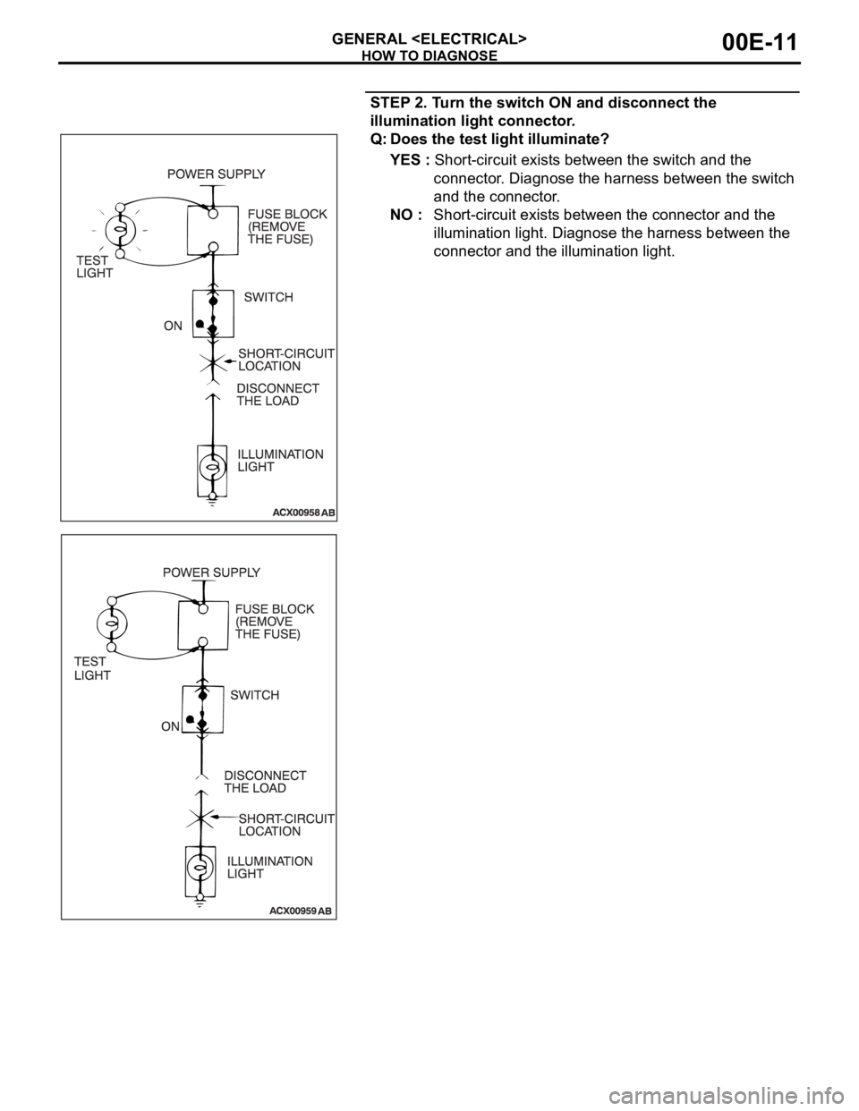 MITSUBISHI 380 2005 Workshop Manual HOW TO DIAGNOSE
GENERAL <ELECTRICAL>00E-11
STEP 2. Turn the switch ON and disconnect the
illumination light connector.
Q: Does the test light illuminate?
YES : Short-circuit exists between the switch MITSUBISHI 380 2005 Workshop Manual HOW TO DIAGNOSE
GENERAL <ELECTRICAL>00E-11
STEP 2. Turn the switch ON and disconnect the
illumination light connector.
Q: Does the test light illuminate?
YES : Short-circuit exists between the switch