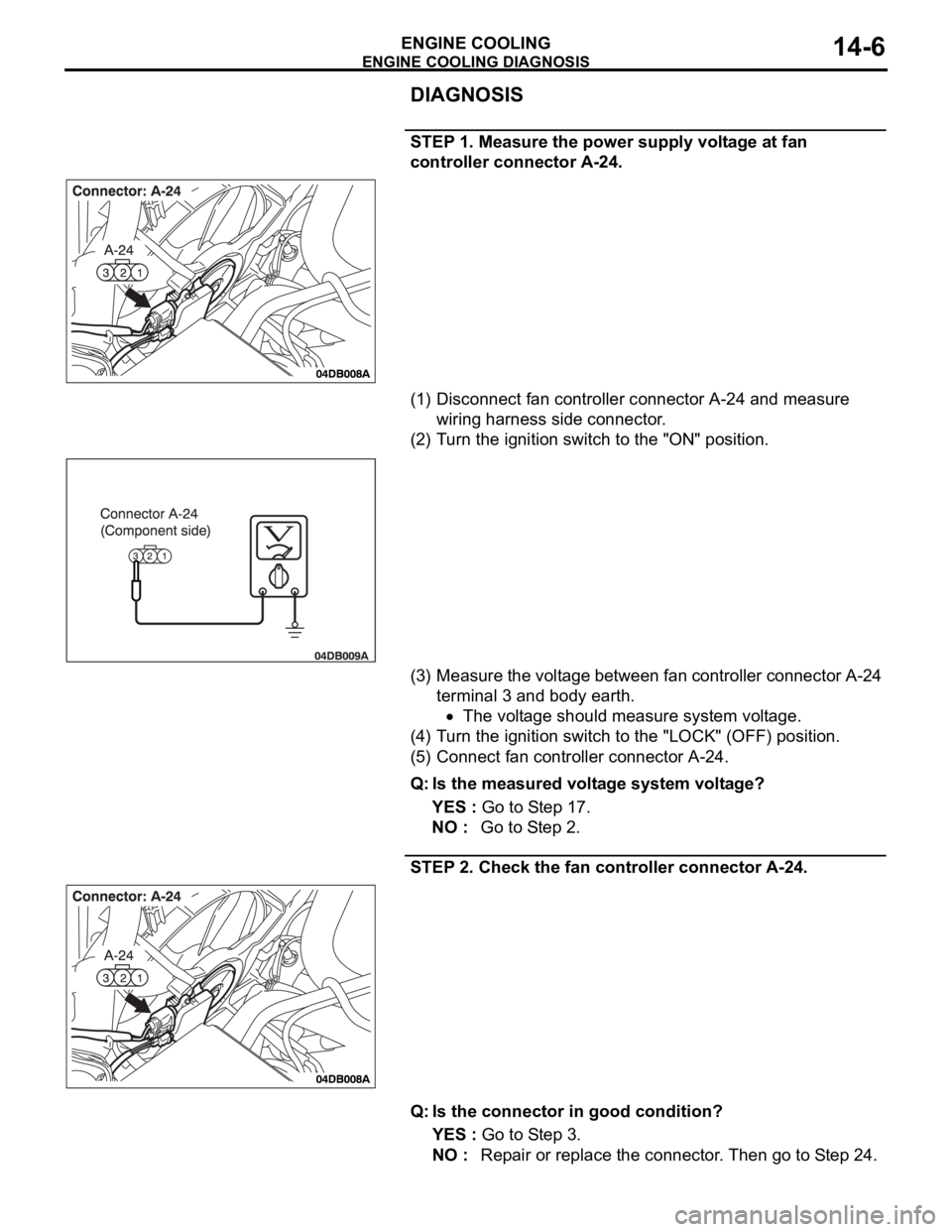 MITSUBISHI 380 2005 User Guide ENGINE COOLING DIAGNOSIS
ENGINE COOLING14-6
DIAGNOSIS
STEP 1. Measure the power supply voltage at fan 
controller connector A-24.
(1) Disconnect fan controller connector A-24 and measure 
wiring harne