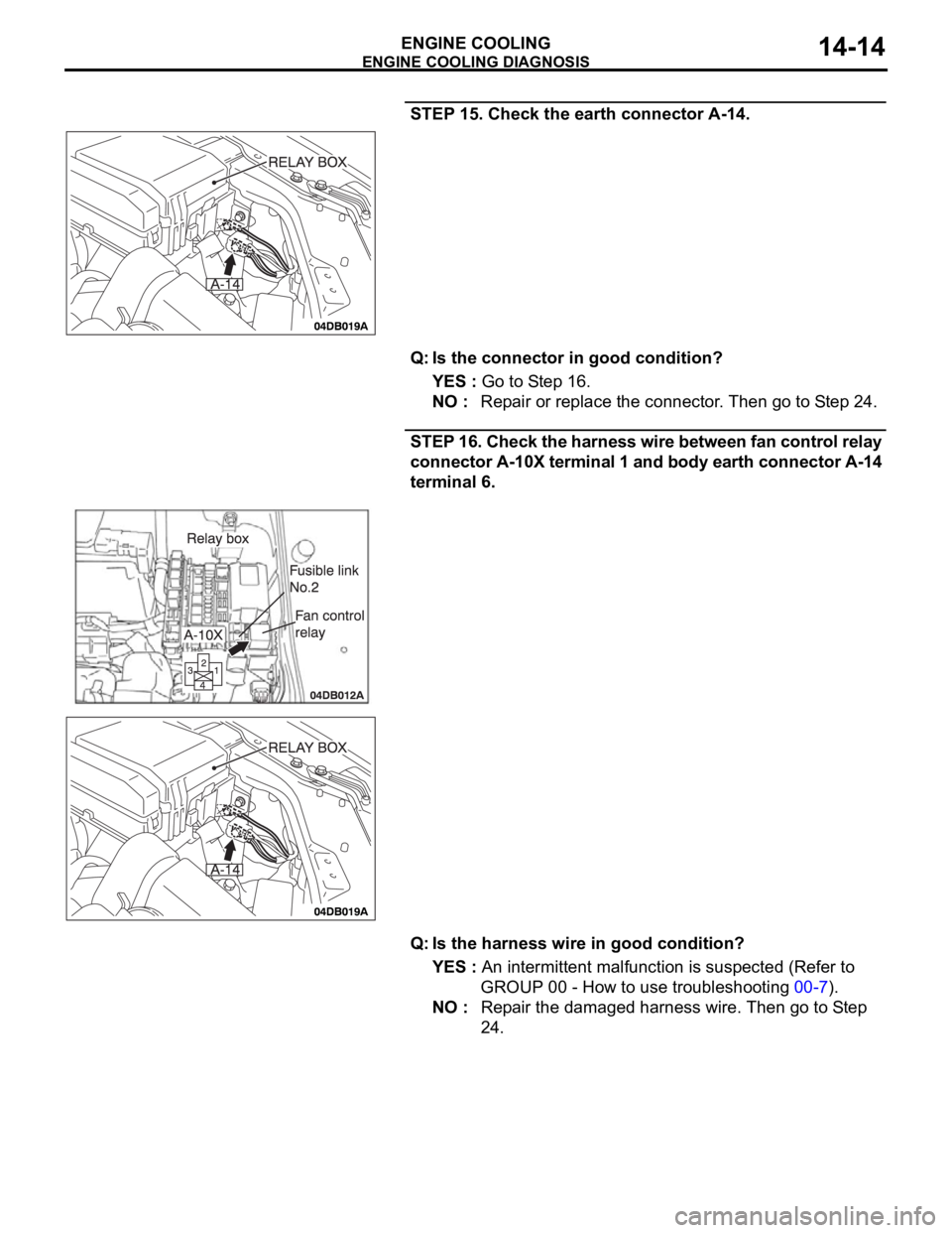MITSUBISHI 380 2005 Workshop Manual ENGINE COOLING DIAGNOSIS
ENGINE COOLING14-14
STEP 15. Check the earth connector A-14.
Q: Is the connector in good condition?
YES : Go to Step 16.
NO : Repair or replace the connector. Then go to Step MITSUBISHI 380 2005 Workshop Manual ENGINE COOLING DIAGNOSIS
ENGINE COOLING14-14
STEP 15. Check the earth connector A-14.
Q: Is the connector in good condition?
YES : Go to Step 16.
NO : Repair or replace the connector. Then go to Step