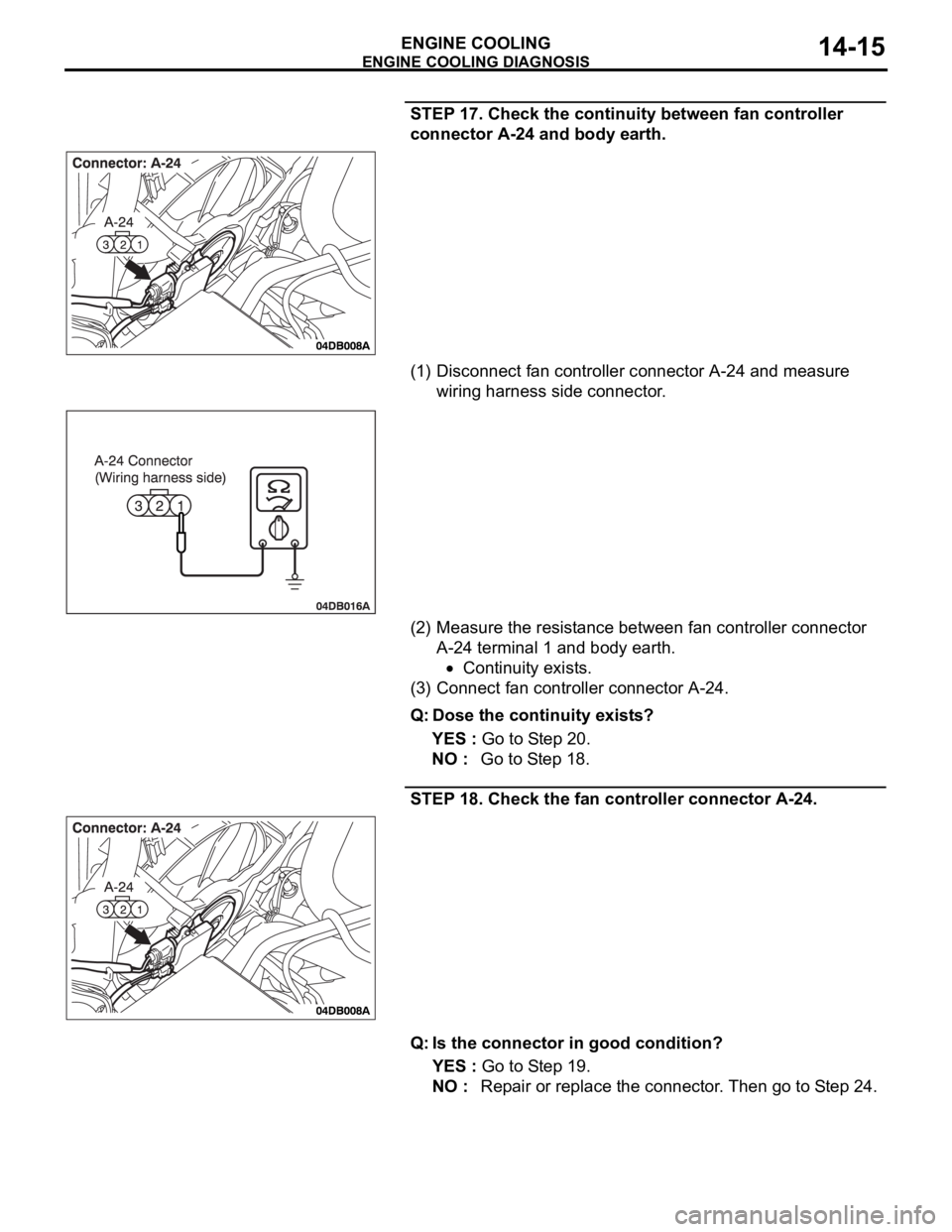 MITSUBISHI 380 2005 Repair Manual ENGINE COOLING DIAGNOSIS
ENGINE COOLING14-15
STEP 17. Check the continuity between fan controller 
connector A-24 and body earth.
(1) Disconnect fan controller connector A-24 and measure 
wiring harne