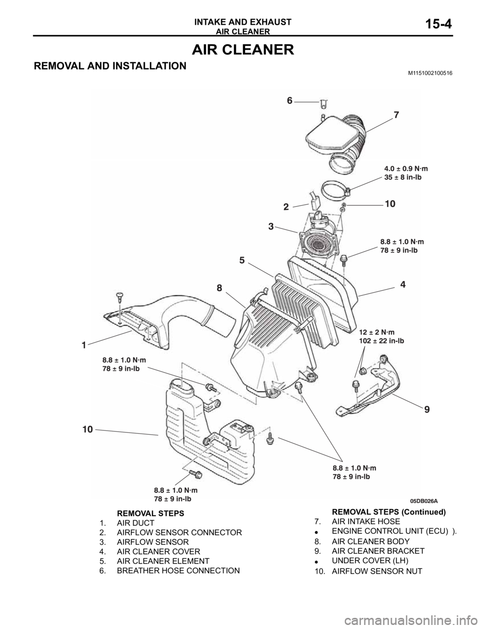 MITSUBISHI 380 2005 Workshop Manual AIR CLEANER
INTAKE AND EXHAUST15-4
AIR CLEANER
REMOVAL AND INSTALLATIONM1151002100516
REMOVAL STEPS
1. AIR DUCT
2. AIRFLOW SENSOR CONNECTOR
3. AIRFLOW SENSOR
4. AIR CLEANER COVER
5. AIR CLEANER ELEMEN MITSUBISHI 380 2005 Workshop Manual AIR CLEANER
INTAKE AND EXHAUST15-4
AIR CLEANER
REMOVAL AND INSTALLATIONM1151002100516
REMOVAL STEPS
1. AIR DUCT
2. AIRFLOW SENSOR CONNECTOR
3. AIRFLOW SENSOR
4. AIR CLEANER COVER
5. AIR CLEANER ELEMEN