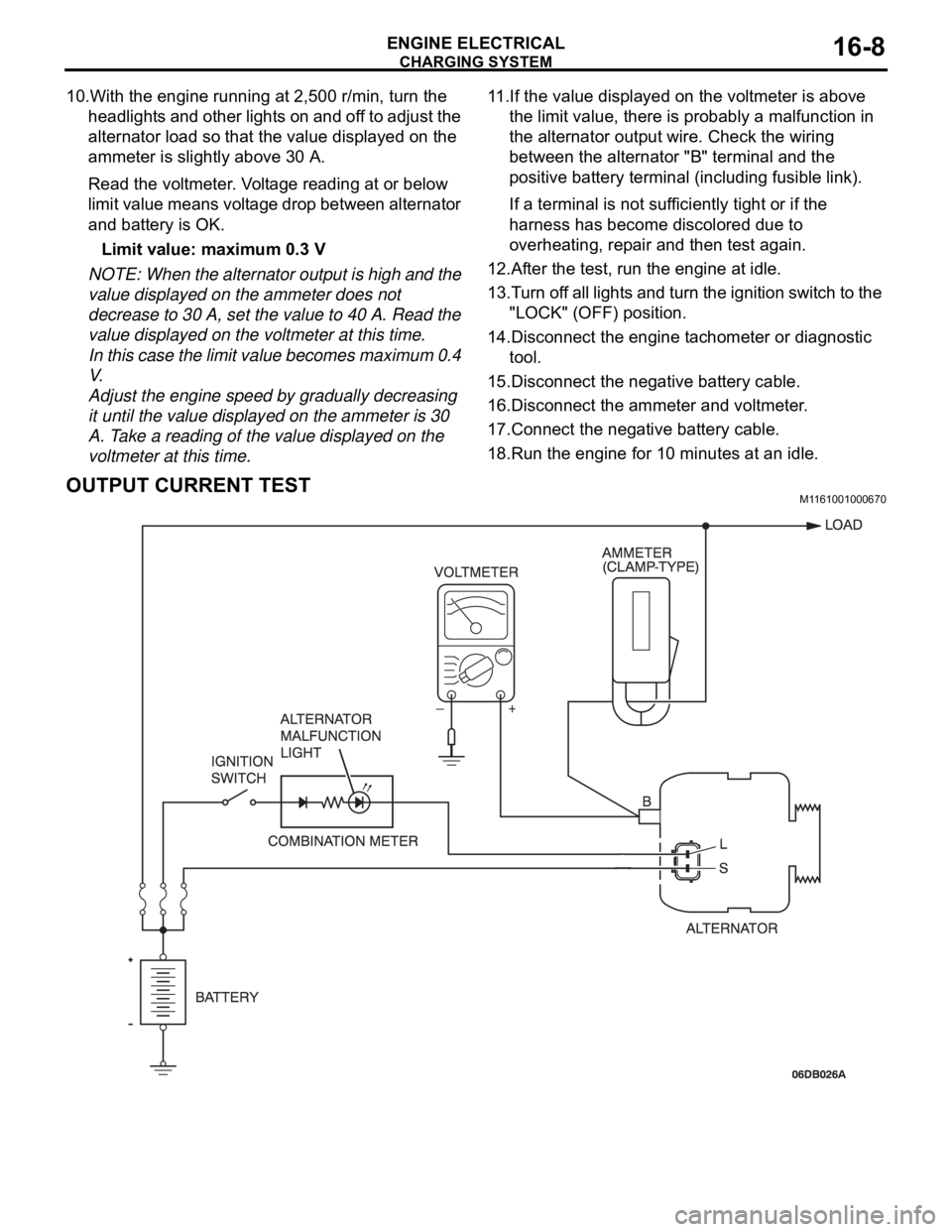 MITSUBISHI 380 2005  Workshop Manual CHARGING SYSTEM
ENGINE ELECTRICAL16-8
10.With the engine running at 2,500 r/min, turn the 
headlights and other lights on and off to adjust the 
alternator load so that the value displayed on the 
amm