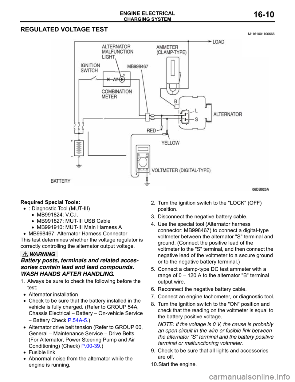 MITSUBISHI 380 2005  Workshop Manual CHARGING SYSTEM
ENGINE ELECTRICAL16-10
REGULATED VOLTAGE TESTM1161001100666
Required Special Tools:
: Diagnostic Tool (MUT-III)
MB991824: V.C.I.
MB991827: MUT-III USB Cable
MB991910: MUT-III Main Harn