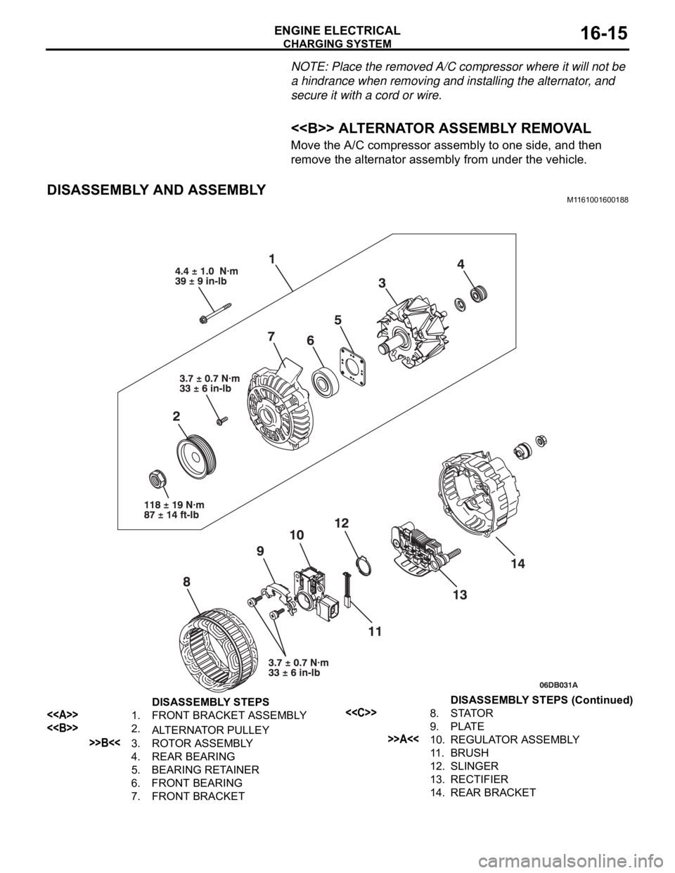 MITSUBISHI 380 2005 Workshop Manual CHARGING SYSTEM
ENGINE ELECTRICAL16-15
NOTE: Place the removed A/C compressor where it will not be
a hindrance when removing and installing the alternator, and
secure it with a cord or wire.
.
<<B>> MITSUBISHI 380 2005 Workshop Manual CHARGING SYSTEM
ENGINE ELECTRICAL16-15
NOTE: Place the removed A/C compressor where it will not be
a hindrance when removing and installing the alternator, and
secure it with a cord or wire.
.
<<B>>