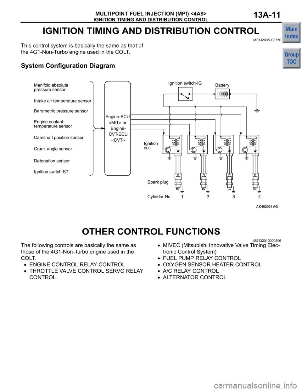 MITSUBISHI COLT 2006 Service Repair Manual
IGNITION TIMING AND DISTRIBUTION CONTROL
MULTIPOINT FUEL INJECTION (MPI) <4A9>13A-11
IGNITION TIMING AND DISTRIBUTION CONTROL
M2132005000750
This control system is basically the same as that of
the MITSUBISHI COLT 2006 Service Repair Manual
IGNITION TIMING AND DISTRIBUTION CONTROL
MULTIPOINT FUEL INJECTION (MPI) <4A9>13A-11
IGNITION TIMING AND DISTRIBUTION CONTROL
M2132005000750
This control system is basically the same as that of
the