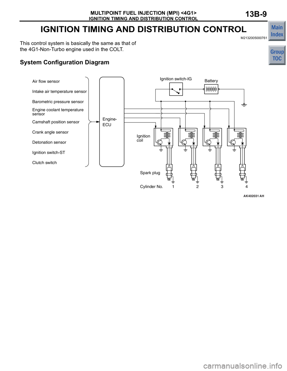 MITSUBISHI COLT 2006 Service Repair Manual
IGNITION TIMING AND DISTRIBUTION CONTROL
MULTIPOINT FUEL INJECTION (MPI) <4G1>13B-9
IGNITION TIMING AND DISTRIBUTION CONTROL
M2132005000761
This control system is basically the same as that of
the 4 MITSUBISHI COLT 2006 Service Repair Manual
IGNITION TIMING AND DISTRIBUTION CONTROL
MULTIPOINT FUEL INJECTION (MPI) <4G1>13B-9
IGNITION TIMING AND DISTRIBUTION CONTROL
M2132005000761
This control system is basically the same as that of
the 4