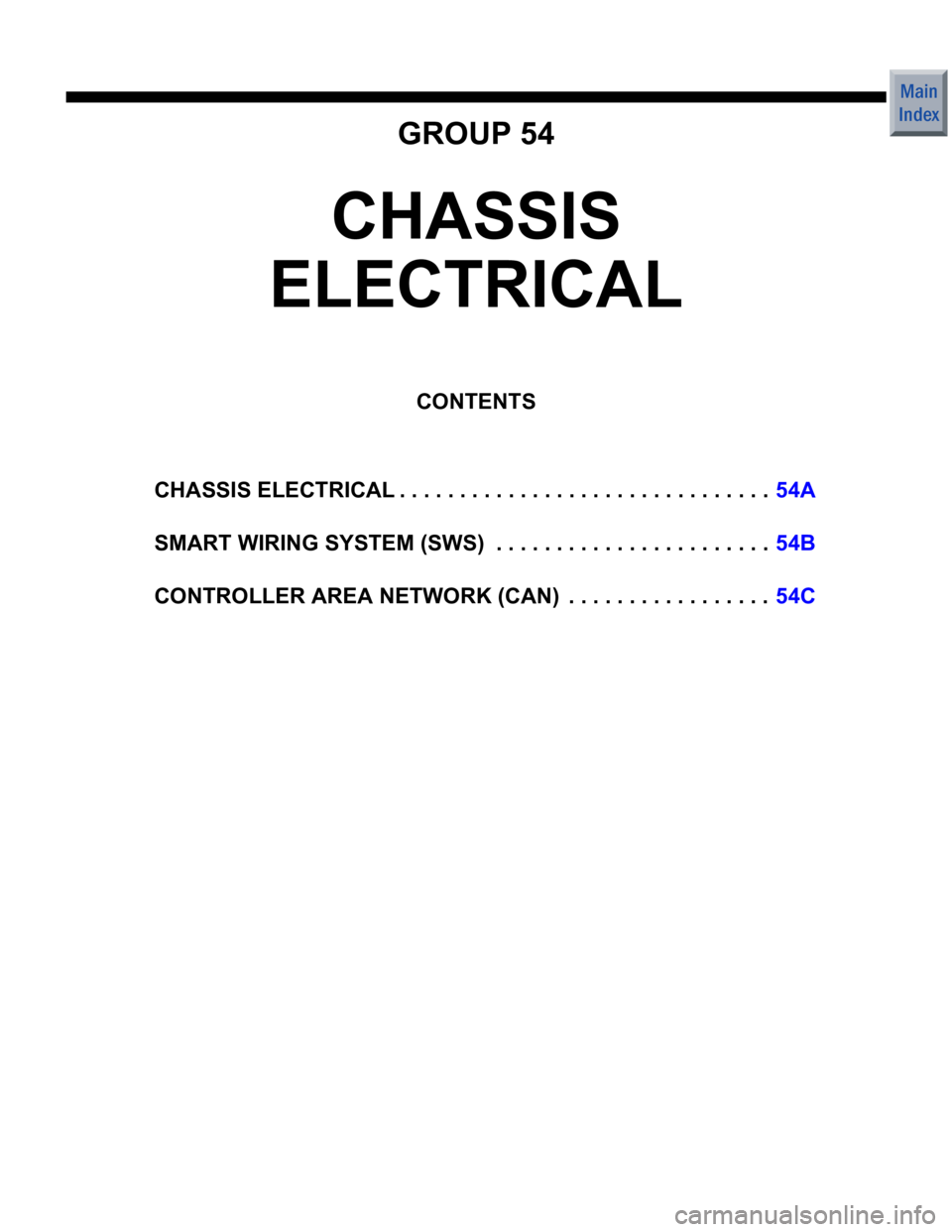 MITSUBISHI COLT 2006 Service Repair Manual GROUP 54
CHASSIS
ELECTRICAL
CONTENTS
CHASSIS ELECTRICAL . . . . . . . . . . . . . . . . . . . . . . . . . . . . . . .54A
SMART WIRING SYSTEM (SWS) . . . . . . . . . . . . . . . . . . . . . . .54B
MITSUBISHI COLT 2006 Service Repair Manual GROUP 54
CHASSIS
ELECTRICAL
CONTENTS
CHASSIS ELECTRICAL . . . . . . . . . . . . . . . . . . . . . . . . . . . . . . .54A
SMART WIRING SYSTEM (SWS) . . . . . . . . . . . . . . . . . . . . . . .54B