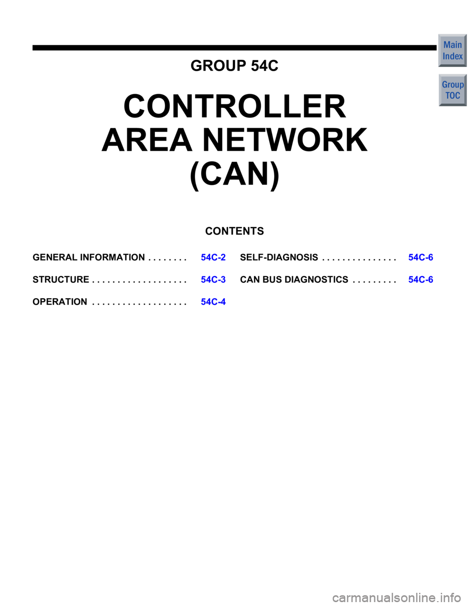 MITSUBISHI COLT 2006 Service Repair Manual GROUP 54C
CONTROLLER
AREA NETWORK
(CAN)
CONTENTS
GENERAL INFORMATIO N . . . . . . . .54C-2
STRUCTURE . . . . . . . . . . . . . . . . . . .54C-3
OPERATION . . . . . . . . . . . . . . . . . . .54C-4 MITSUBISHI COLT 2006 Service Repair Manual GROUP 54C
CONTROLLER
AREA NETWORK
(CAN)
CONTENTS
GENERAL INFORMATIO N . . . . . . . .54C-2
STRUCTURE . . . . . . . . . . . . . . . . . . .54C-3
OPERATION . . . . . . . . . . . . . . . . . . .54C-4