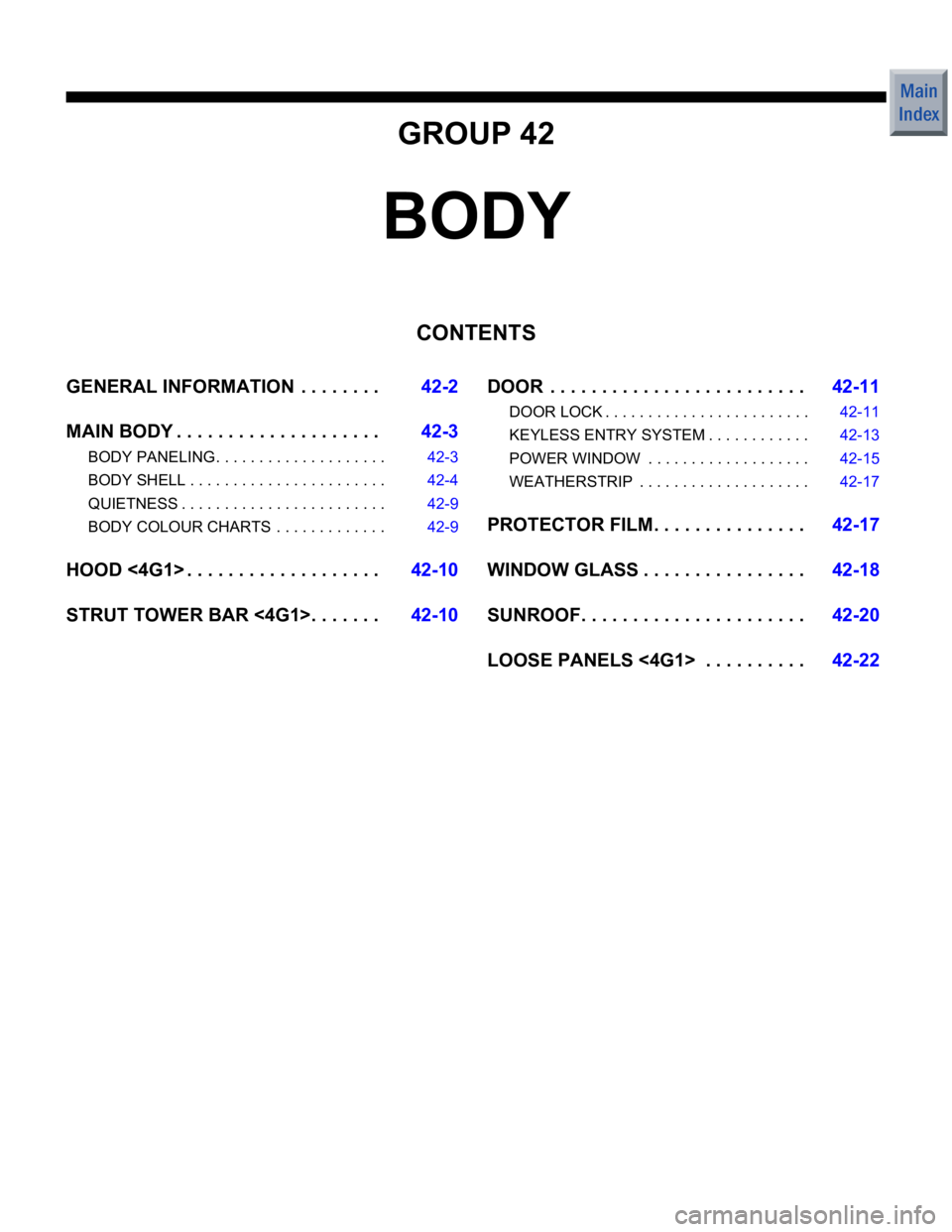 MITSUBISHI COLT 2006  Service Repair Manual GROUP 42
BODY
CONTENTS
GENERAL INFORMATION  . . . . . . . .42-2
MAIN BODY . . . . . . . . . . . . . . . . . . . .42-3
BODY PANELING . . . . . . . . . . . . . . . . . . . . 42-3
BODY SHELL . . . . . . 