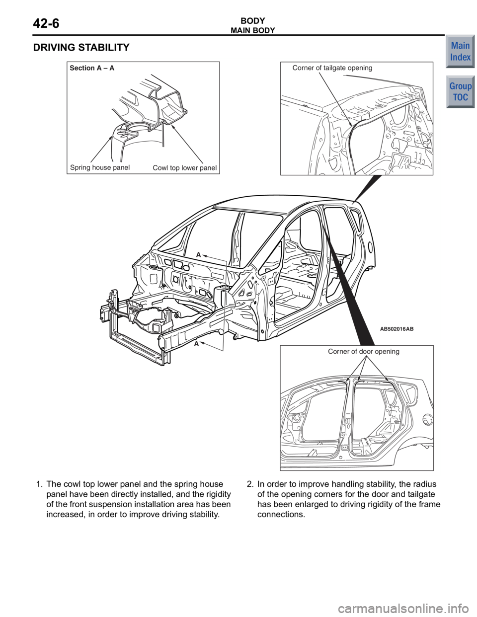 MITSUBISHI COLT 2006  Service Repair Manual 
MAIN BODY
BODY42-6
DRIVING STABILITY
AB502016
AB400213
A
A
Cowl top lower panel
Spring house panel
Corner of door opening
Corner of tailgate opening
AB
Section A – A
1.
The  cowl t op lo we r p a n