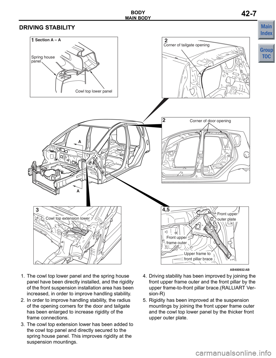 MITSUBISHI COLT 2006  Service Repair Manual 
MAIN BODY
BODY42-7
DRIVING STABILITY
AB400932
AB400232AB400233
AB400213A
A
Cowl top lower panel
Spring house
panel
Corner of door opening
Corner of tailgate opening
AB
Section A – A1
2
2
4,5
3
Uppe