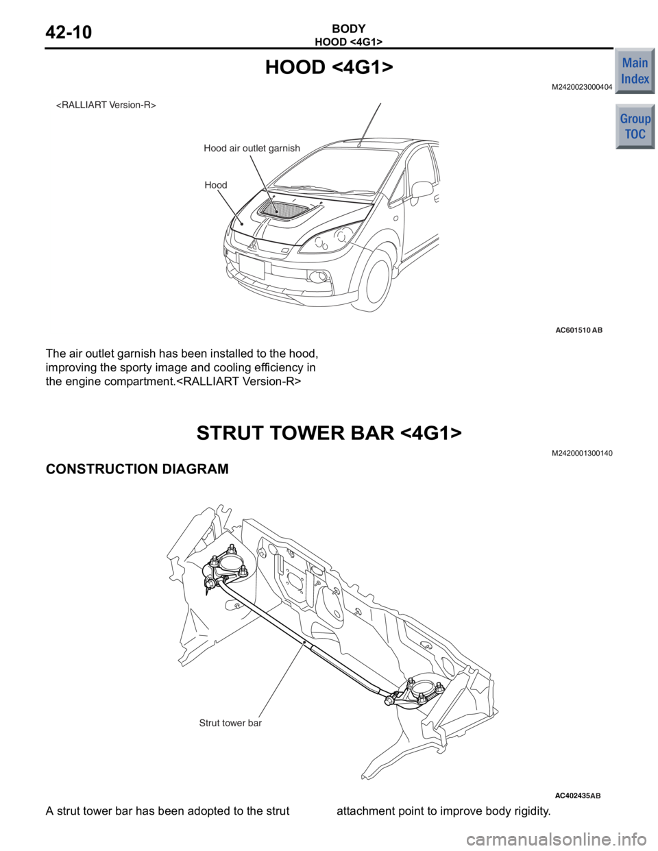 MITSUBISHI COLT 2006 Service Repair Manual
HOOD <4G1>
BODY42-10
HOOD <4G1>
M2420023000404
AC601510 AB
<RALLIART Version-R>Hood
Hood air outlet garnish
The air ou
tlet ga rnish has be en inst alle d to the hoo d,
imp
r oving the sport y ima MITSUBISHI COLT 2006 Service Repair Manual
HOOD <4G1>
BODY42-10
HOOD <4G1>
M2420023000404
AC601510 AB
<RALLIART Version-R>Hood
Hood air outlet garnish
The air ou
tlet ga rnish has be en inst alle d to the hoo d,
imp
r oving the sport y ima