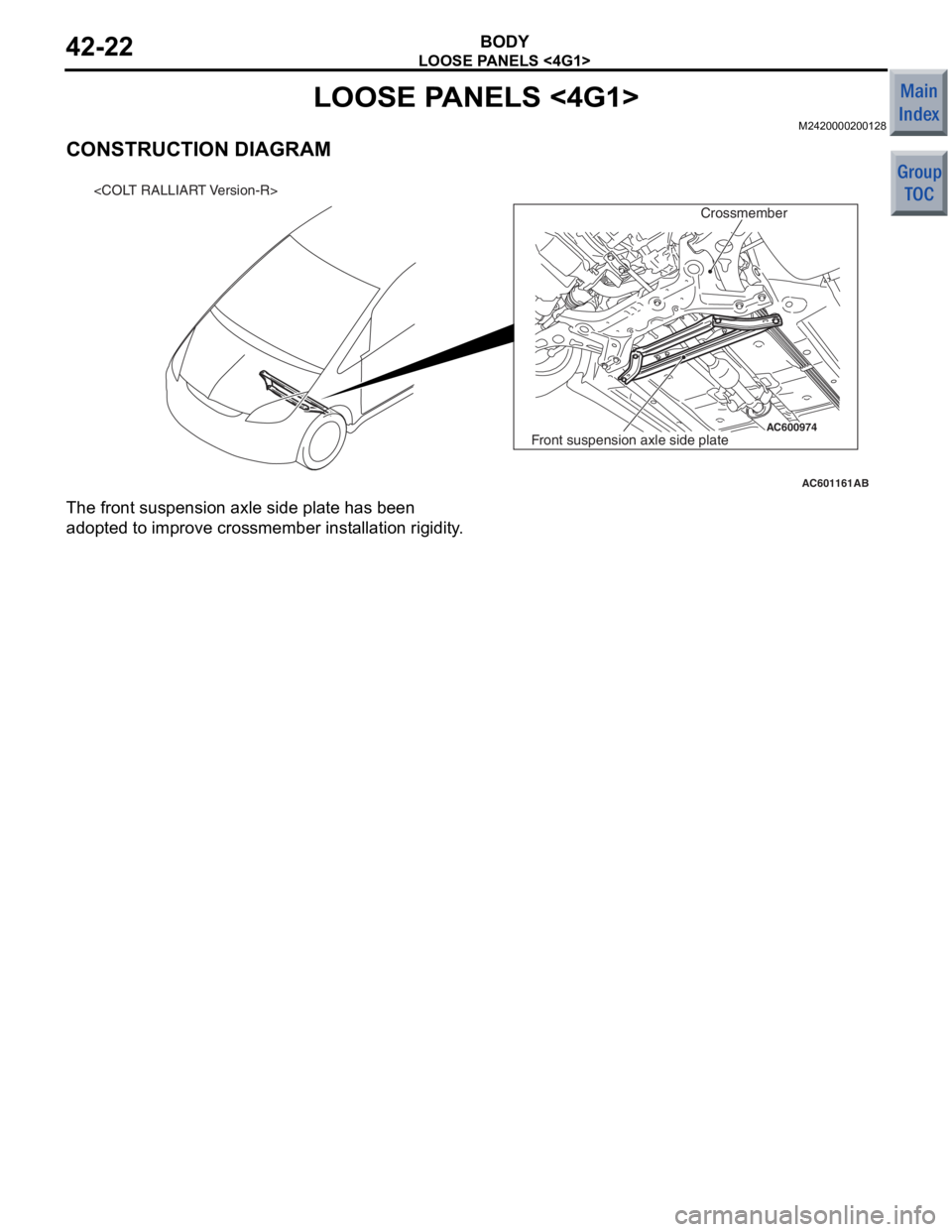 MITSUBISHI COLT 2006  Service Repair Manual 
LOOSE PANELS <4G1>
BODY42-22
LOOSE PANELS <4G1>
M2420000200128
CONSTRUCTION DIAGRAM
AC601161
AC600974
AB
Front suspension axle side plateCrossmember
<COLT RALLIART Version-R>
The fron
t suspension  a