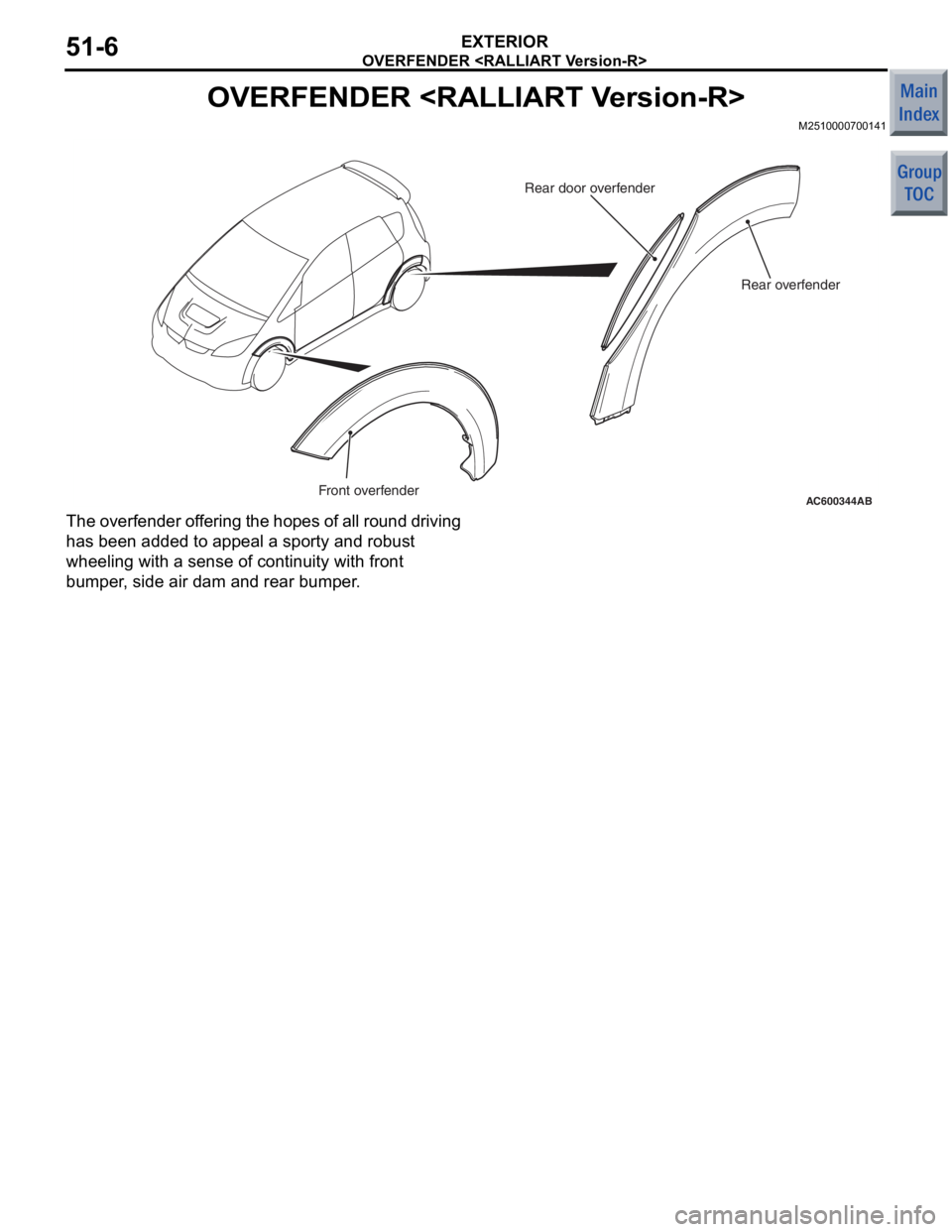 MITSUBISHI COLT 2006  Service User Guide 
OVERFENDER <RALLIART Version-R>
EXTERIOR51-6
OVERFENDER <RALLIART Version-R>
M2510000700141
AC600344ABFront overfenderRear overfender
Rear door overfender
T
he o v erf ende r of f e rin g  th e ho pe