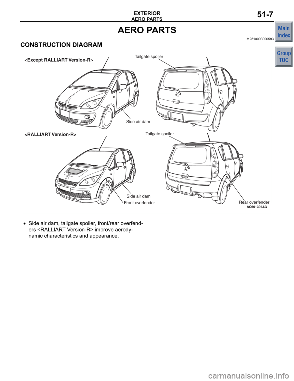 MITSUBISHI COLT 2006  Service User Guide 
AERO PARTS
EXTERIOR51-7
AERO PARTS
M2510003000583
CONSTRUCTION DIAGRAM
AC601394
Side air damTailgate spoiler
Side air dam
Tailgate spoiler
<RALLIART Version-R> <Except RALLIART Version-R>
Front overf