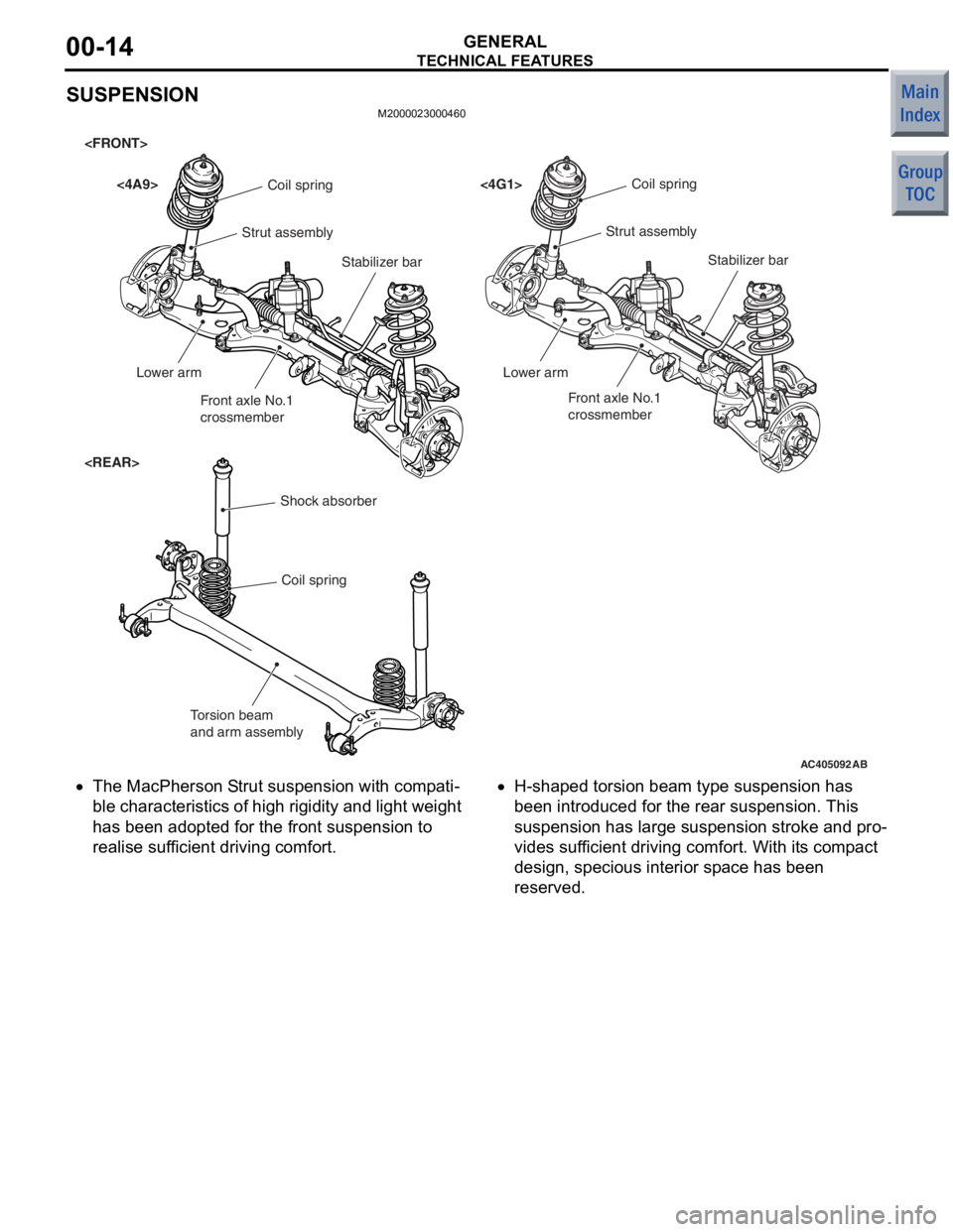 MITSUBISHI COLT 2006  Service Repair Manual 
TECHNICAL FEATURES
GENERAL00-14
SUSPENSION
M2000023000460
 AC405092AB
<FRONT>
<REAR>Lower arm
Front axle No.1
crossmember Stabilizer bar
Coil spring
Strut assembly
Front axle No.1
crossmember
Lower a
