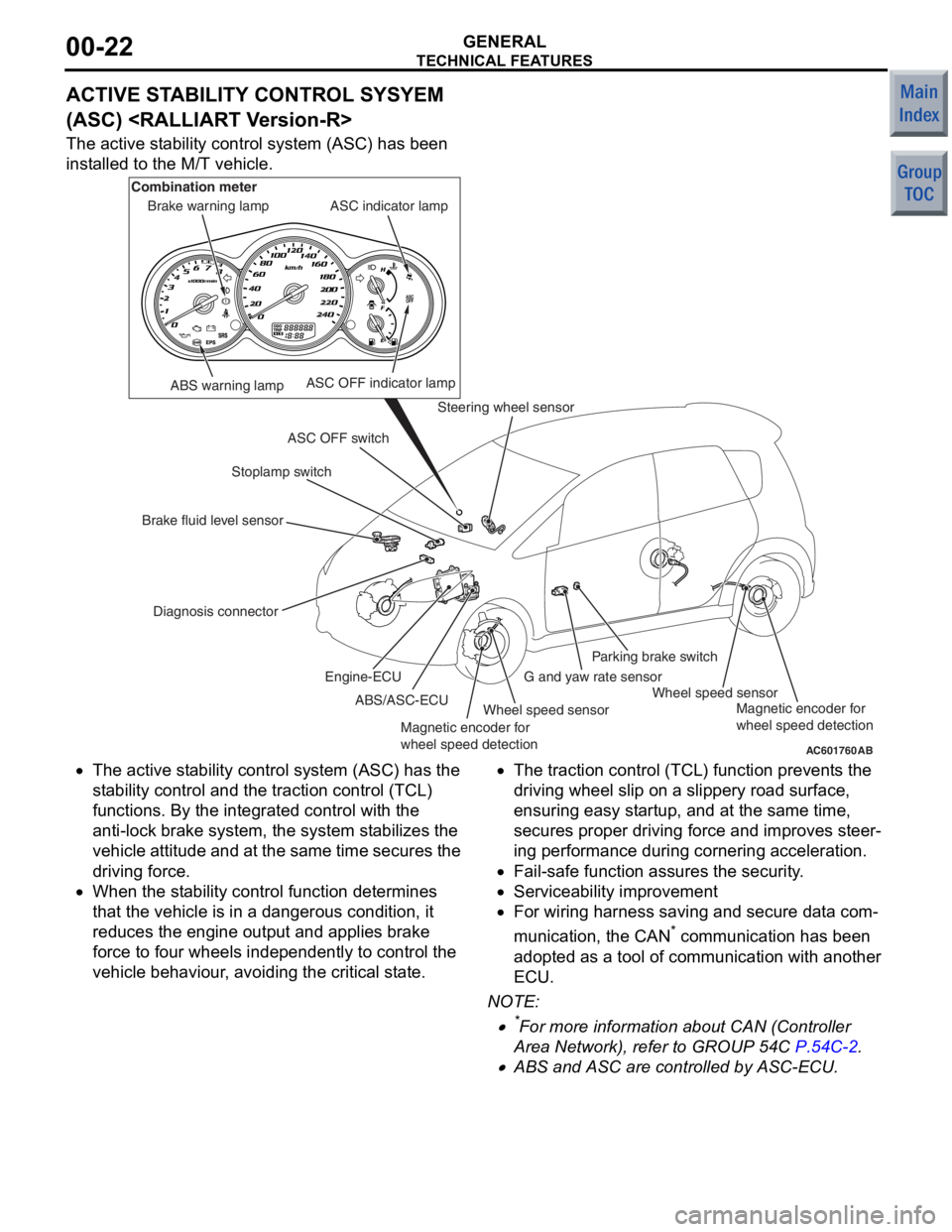 MITSUBISHI COLT 2006 Service Repair Manual
TECHNICAL FEATURES
GENERAL00-22
ACTIVE STABILITY CONTROL SYSYEM
(ASC) <RALLIART Version-R>
The active stability control system (ASC) has been
installed to the M/T vehicle.
AC601760AB
ABS warning la MITSUBISHI COLT 2006 Service Repair Manual
TECHNICAL FEATURES
GENERAL00-22
ACTIVE STABILITY CONTROL SYSYEM
(ASC) <RALLIART Version-R>
The active stability control system (ASC) has been
installed to the M/T vehicle.
AC601760AB
ABS warning la