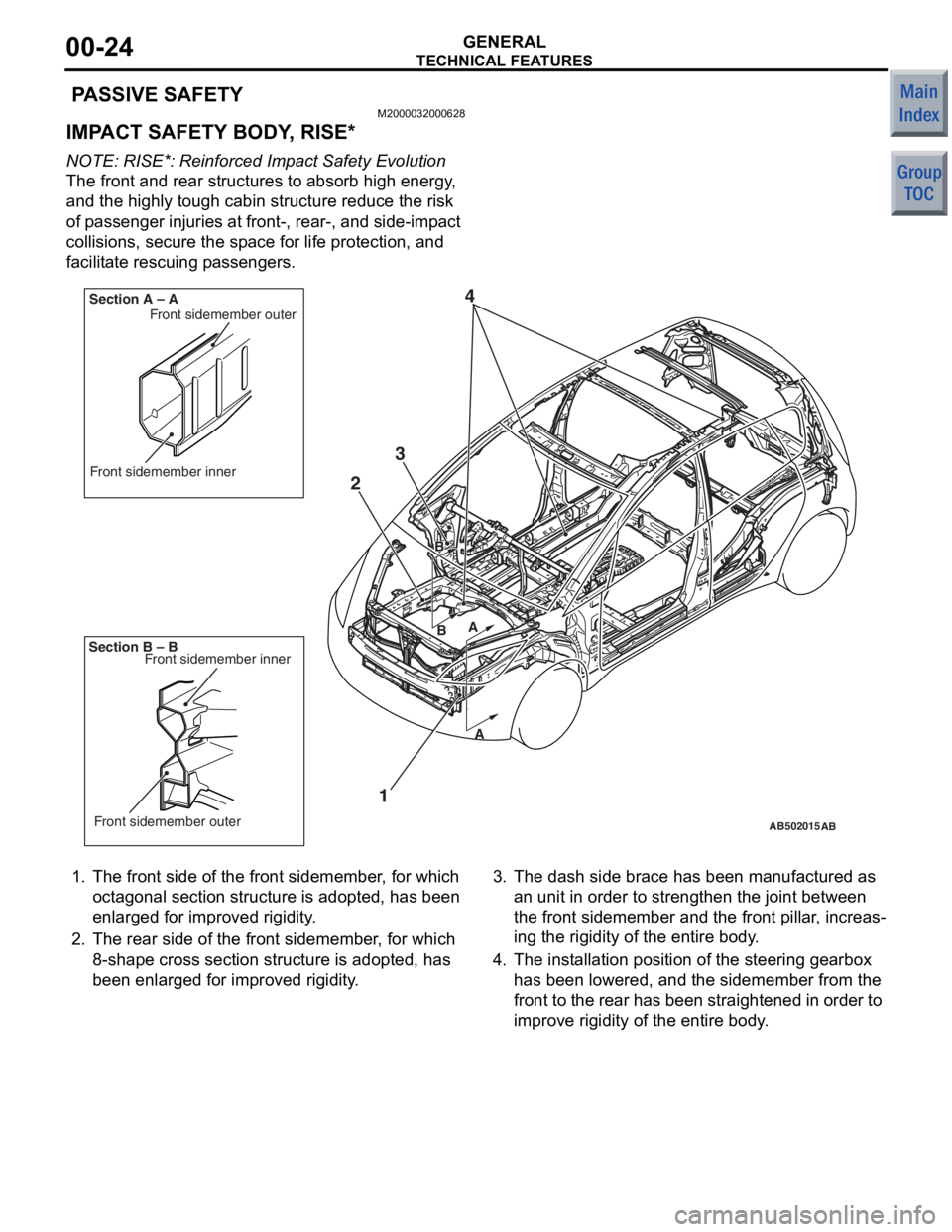 MITSUBISHI COLT 2006  Service Repair Manual 
TECHNICAL FEATURES
GENERAL00-24
 PASSIVE SAFETY
M2000032000628
IMPACT SAFETY BODY, RISE*
NOTE: RISE*: Reinforced Impact Safety Evolution 
The front and rear structures to absorb high energy, 
and the