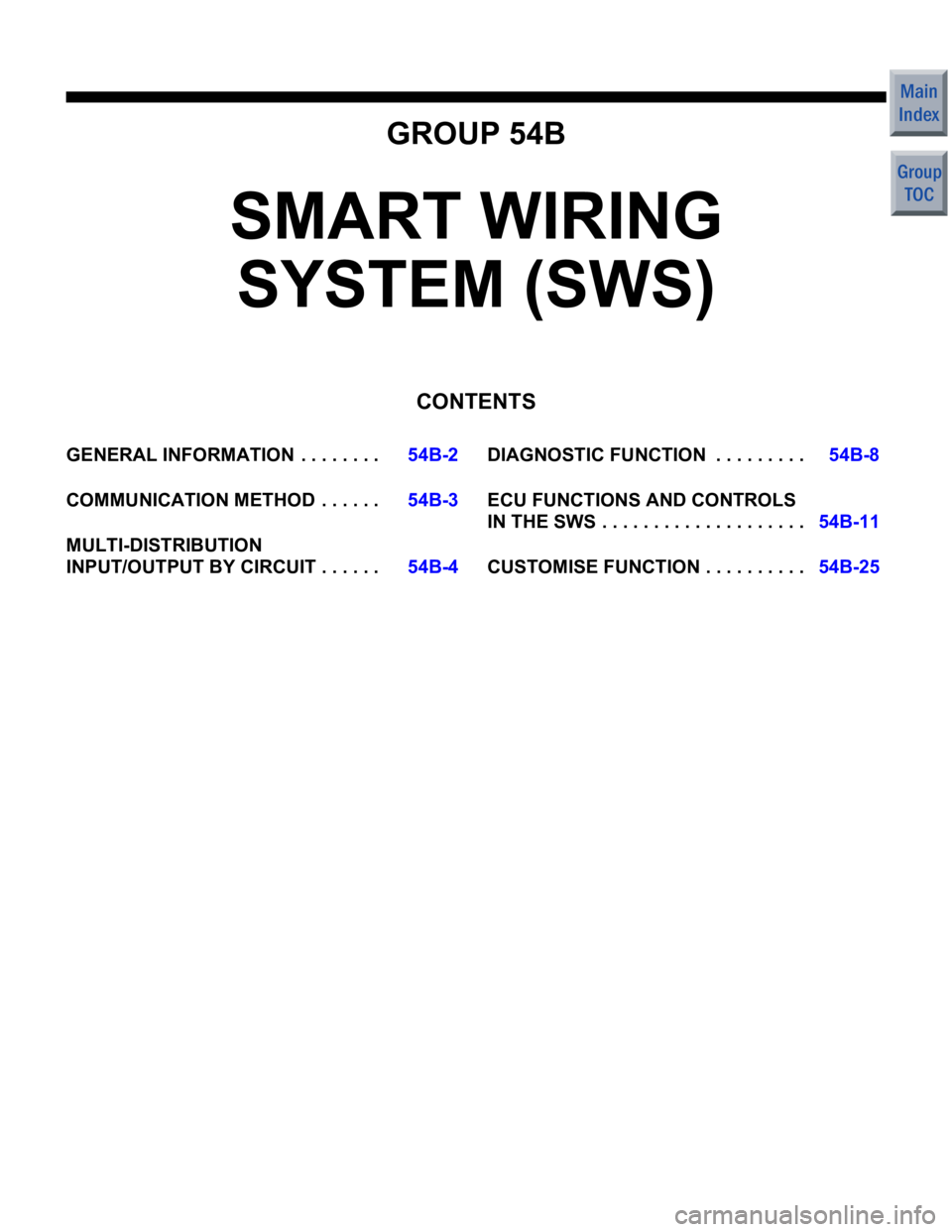 MITSUBISHI COLT 2006  Service Repair Manual GROUP 54B
SMART WIRING SYSTEM (SWS)
CONTENTS
GENERAL INFORMATIO N  . . . . . . . .54B-2
COMMUNICATION METHOD  . . . . . .54B-3
MULTI-DISTRIBUTION  
INPUT/OUTPUT BY CIRCUIT . . . . . .54B-4
DIAGNOSTIC 