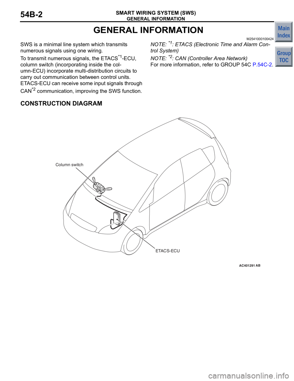 MITSUBISHI COLT 2006  Service Repair Manual 
GENERAL INFORMATION
SMART WIRING SYSTEM (SWS)54B-2
 GENERAL INFORMATION
M2541000100424
SWS is a minimal line system which transmits 
numerous signals using one wiring.
To transmit numerous signals, t