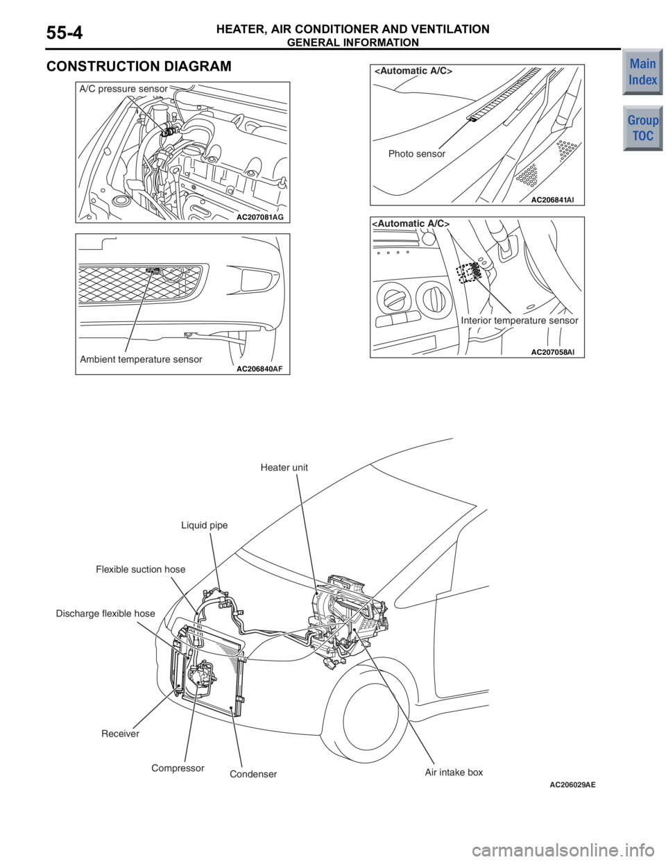 MITSUBISHI COLT 2006 Service User Guide
GENERAL INFORMATION
HEATER, AIR CONDITIONER AND VENTILATION55-4
CONSTRUCTION DIAGRAM
AC207081AG
A/C pressure sensor
AC206840Ambient temperature sensorAF
AC206841
<Automatic A/C>
AI
Photo sensor
AC207 MITSUBISHI COLT 2006 Service User Guide
GENERAL INFORMATION
HEATER, AIR CONDITIONER AND VENTILATION55-4
CONSTRUCTION DIAGRAM
AC207081AG
A/C pressure sensor
AC206840Ambient temperature sensorAF
AC206841
<Automatic A/C>
AI
Photo sensor
AC207