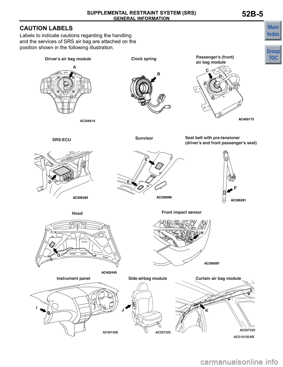 MITSUBISHI COLT 2006  Service Repair Manual 
GENERAL INFORMATION
SUPPLEMENTAL RESTRAINT SYSTEM (SRS)52B-5
CAUTION LABELS
Labels to indicate cautions regarding the handling 
and the services of SRS air bag are attached on the 
position shown in 