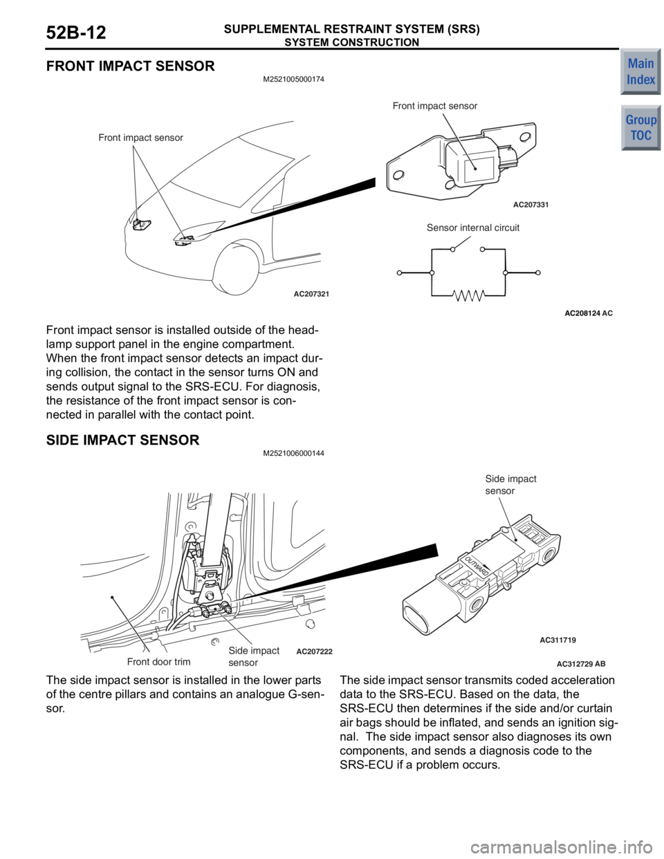 MITSUBISHI COLT 2006 Service Repair Manual
SYSTEM CONSTRUCTION
SUPPLEMENTAL RESTRAINT SYSTEM (SRS)52B-12
FRONT IMPACT SENSOR
M2521005000174
AC208124
AC207331
AC207321
Front impact sensor
Front impact sensor
AC
Sensor internal circuit
Front im MITSUBISHI COLT 2006 Service Repair Manual
SYSTEM CONSTRUCTION
SUPPLEMENTAL RESTRAINT SYSTEM (SRS)52B-12
FRONT IMPACT SENSOR
M2521005000174
AC208124
AC207331
AC207321
Front impact sensor
Front impact sensor
AC
Sensor internal circuit
Front im