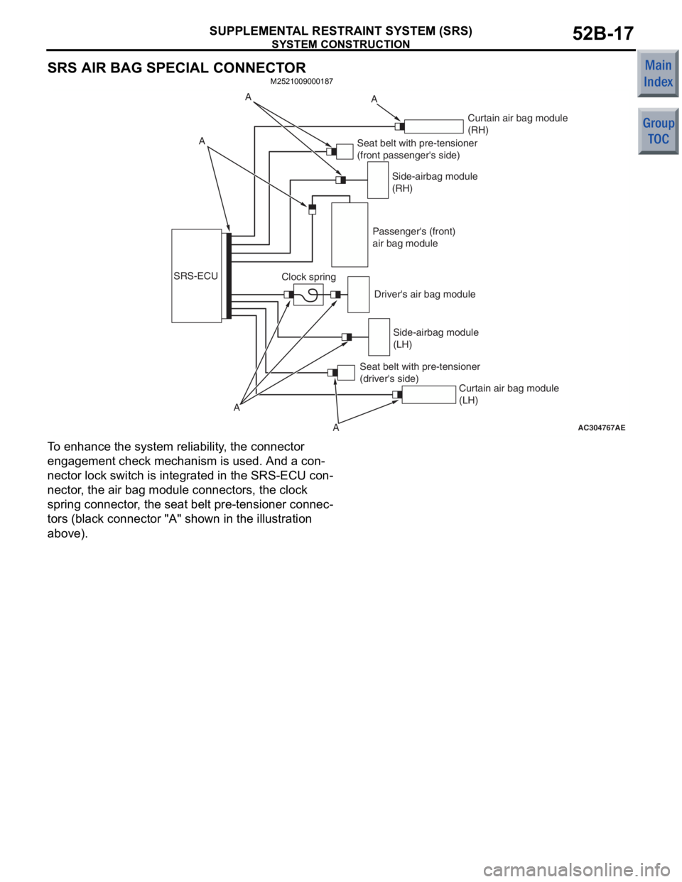 MITSUBISHI COLT 2006  Service Repair Manual 
SYSTEM CONSTRUCTION
SUPPLEMENTAL RESTRAINT SYSTEM (SRS)52B-17
SRS AIR BAG SPECIAL CONNECTOR
M2521009000187
AC304767
SRS-ECUA
A
AAE
Clock spring Side-airbag module
(RH)
Seat belt with pre-tensioner
(f