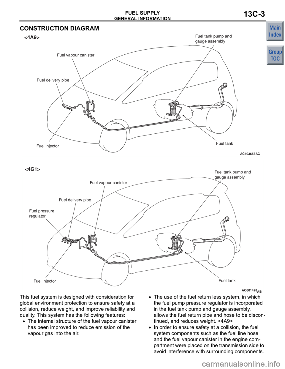 MITSUBISHI COLT 2006 Service Repair Manual
GENERAL INFORMATION
FUEL SUPPLY13C-3
CONSTRUCTION DIAGRAM
AC403658AC
<4A9>
Fuel vapour canister
Fuel delivery pipe
Fuel injector Fuel tank
Fuel tank pump and
gauge assembly
AC601428AB
<4G1>
Fuel inje MITSUBISHI COLT 2006 Service Repair Manual
GENERAL INFORMATION
FUEL SUPPLY13C-3
CONSTRUCTION DIAGRAM
AC403658AC
<4A9>
Fuel vapour canister
Fuel delivery pipe
Fuel injector Fuel tank
Fuel tank pump and
gauge assembly
AC601428AB
<4G1>
Fuel inje