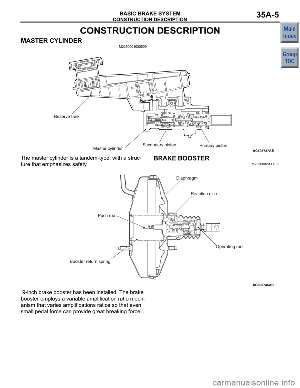 MITSUBISHI COLT 2006 Service Repair Manual
CONSTRUCTION DESCRIPTION
BASIC BRAKE SYSTEM35A-5
CONSTRUCTION DESCRIPTION
MASTER CYLINDERM2350001000509
AC505737ABMaster cylinder
Reserve tank
Primary piston
Secondary piston
The master
cylind e r i MITSUBISHI COLT 2006 Service Repair Manual
CONSTRUCTION DESCRIPTION
BASIC BRAKE SYSTEM35A-5
CONSTRUCTION DESCRIPTION
MASTER CYLINDERM2350001000509
AC505737ABMaster cylinder
Reserve tank
Primary piston
Secondary piston
The master
cylind e r i