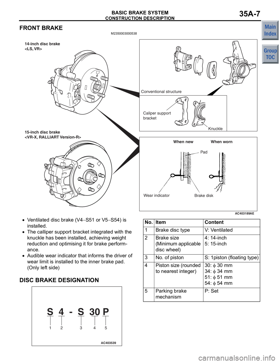 MITSUBISHI COLT 2006 Service Repair Manual
CONSTRUCTION DESCRIPTION
BASIC BRAKE SYSTEM35A-7
FRONT BRAKE
M2350003000538
AC403189AE
14-inch disc brake
<LS, VR>
15-inch disc brake
<VR-X, RALLIART Version-R>Pad
Brake disk
Wear indicator When new MITSUBISHI COLT 2006 Service Repair Manual
CONSTRUCTION DESCRIPTION
BASIC BRAKE SYSTEM35A-7
FRONT BRAKE
M2350003000538
AC403189AE
14-inch disc brake
<LS, VR>
15-inch disc brake
<VR-X, RALLIART Version-R>Pad
Brake disk
Wear indicator When new