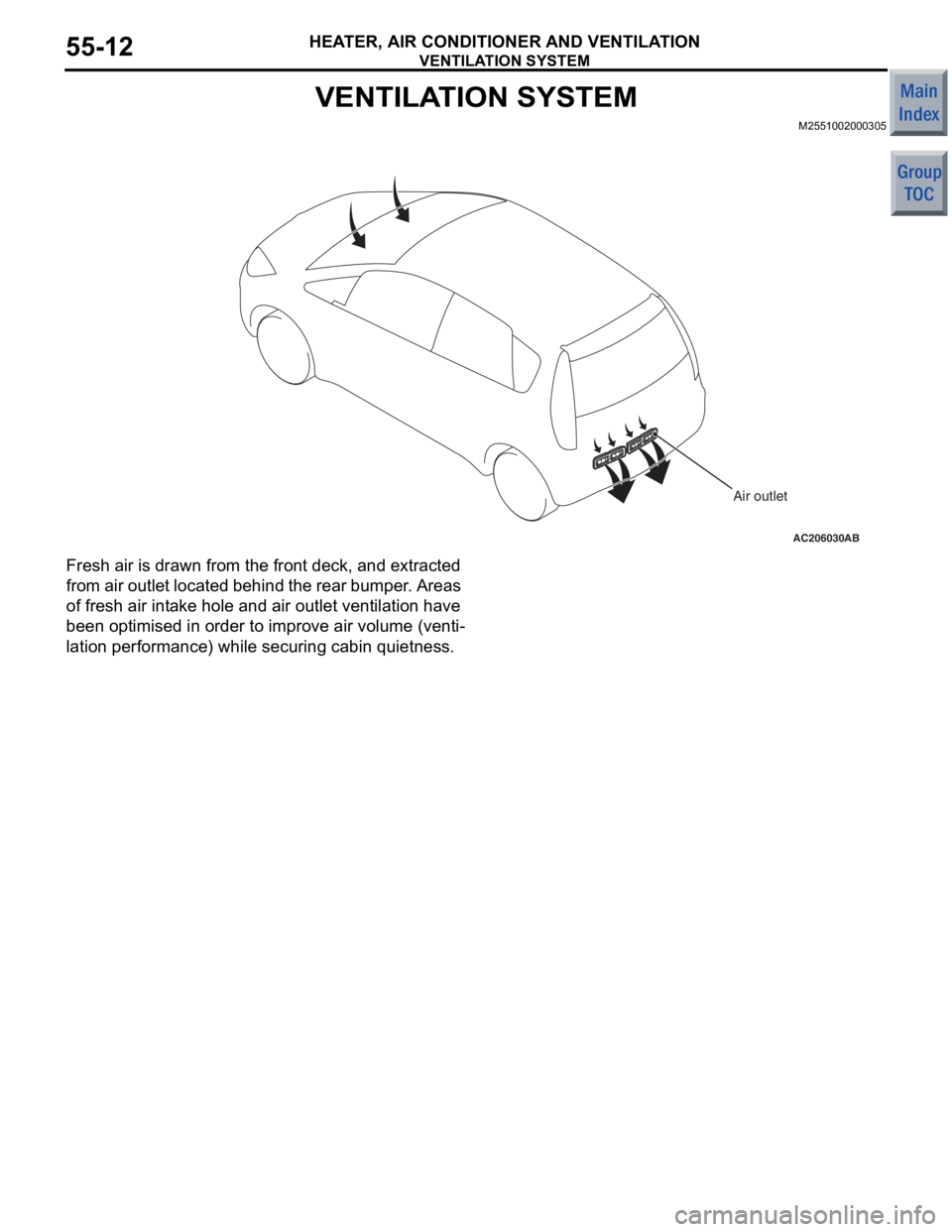 MITSUBISHI COLT 2006 Service Owners Guide
VENTILATION SYSTEM
HEATER, AIR CONDITIONER AND VENTILATION55-12
VENTILATION SYSTEM
M2551002000305
AC206030AB
Air outlet
Fresh ai r is drawn fro m the f r ont deck, a nd extracte d
fro
m air ou tle MITSUBISHI COLT 2006 Service Owners Guide
VENTILATION SYSTEM
HEATER, AIR CONDITIONER AND VENTILATION55-12
VENTILATION SYSTEM
M2551002000305
AC206030AB
Air outlet
Fresh ai r is drawn fro m the f r ont deck, a nd extracte d
fro
m air ou tle