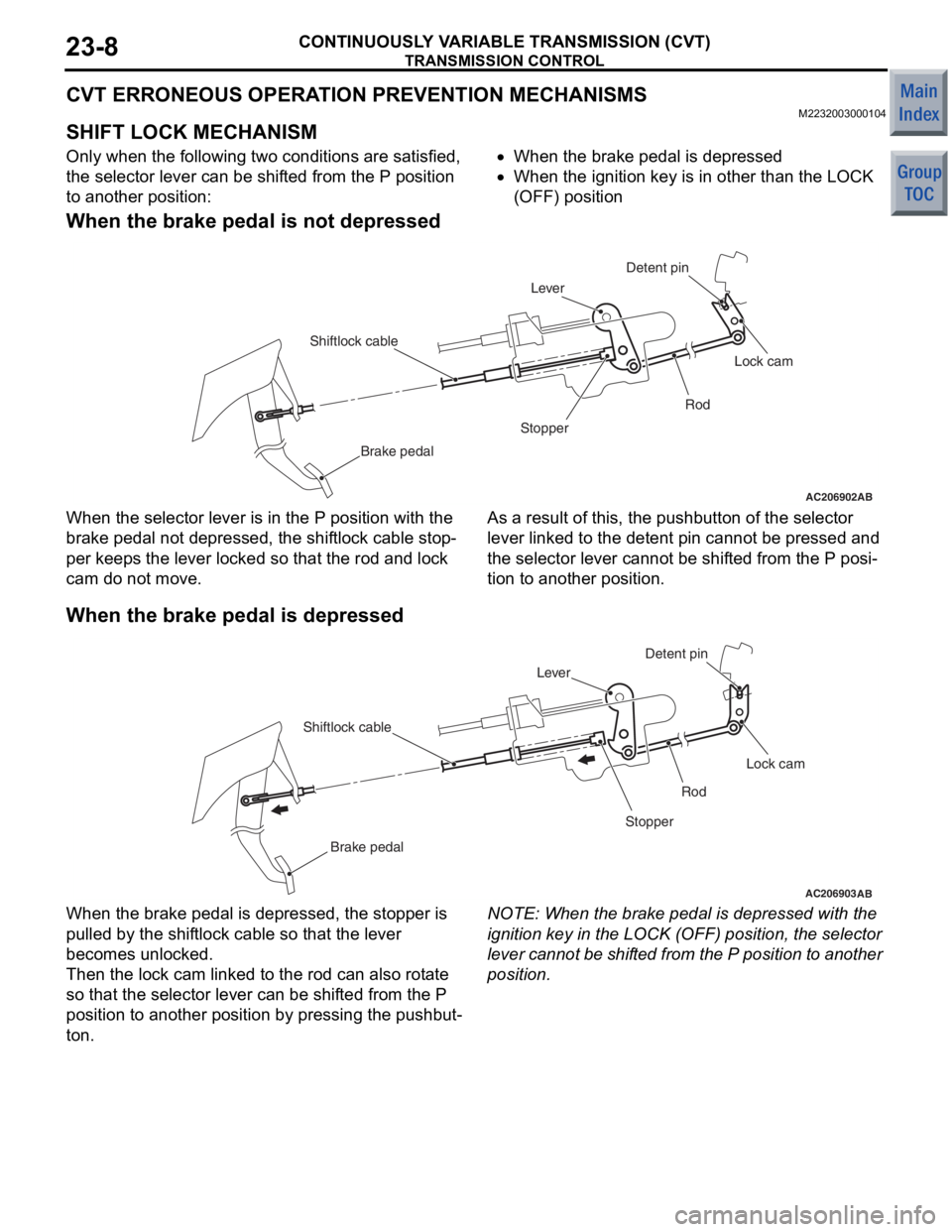 MITSUBISHI COLT 2006 Service Repair Manual
TRANSMISSION CONTROL
CONTINUOUSLY VARIABLE TRANSMISSION (CVT)23-8
CVT ERRONEOUS OPERATION PREVENTION MECHANISMS
M2232003000104
SHIFT LOCK MECHANISM
Only when the following two conditions are satisfie MITSUBISHI COLT 2006 Service Repair Manual
TRANSMISSION CONTROL
CONTINUOUSLY VARIABLE TRANSMISSION (CVT)23-8
CVT ERRONEOUS OPERATION PREVENTION MECHANISMS
M2232003000104
SHIFT LOCK MECHANISM
Only when the following two conditions are satisfie