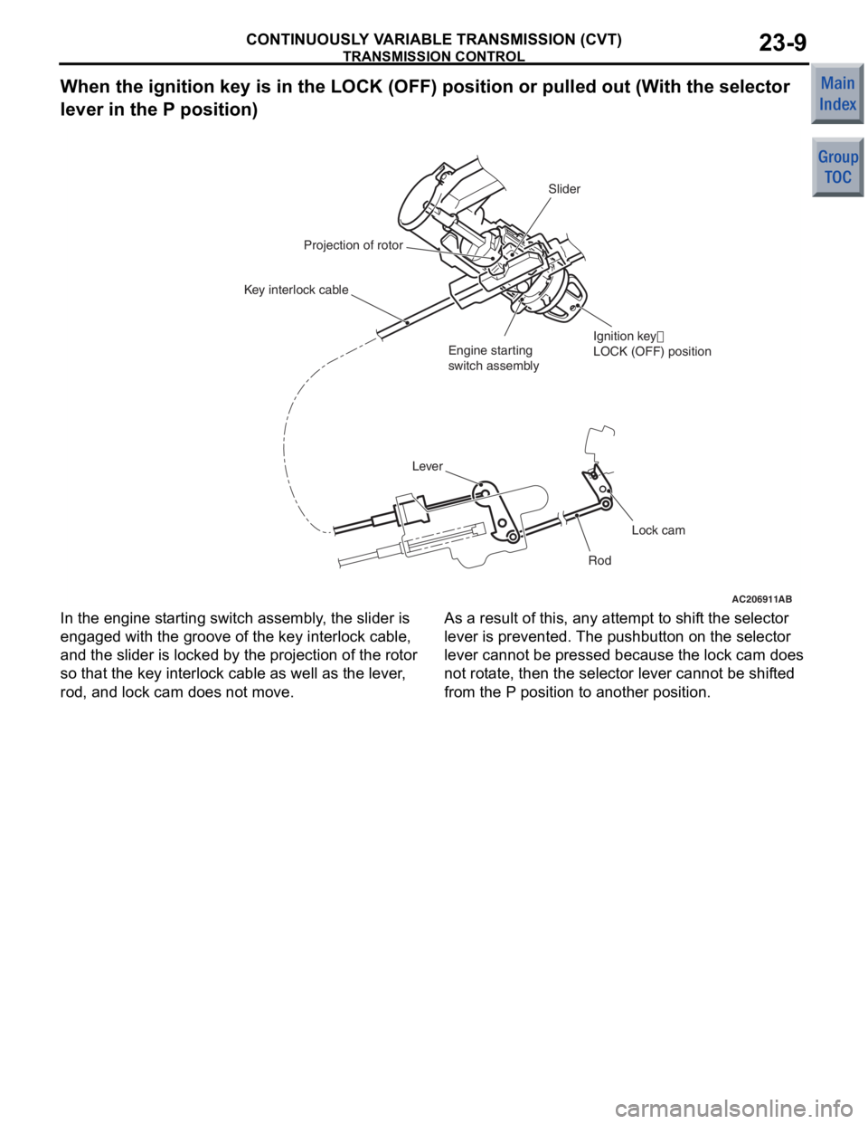 MITSUBISHI COLT 2006 Service Repair Manual
TRANSMISSION CONTROL
CONTINUOUSLY VARIABLE TRANSMISSION (CVT)23-9
When the ignition key is in the LOCK (OFF) position or pulled out (With the selector
lever in the P position)
AC206911 AB
Slider
Ig MITSUBISHI COLT 2006 Service Repair Manual
TRANSMISSION CONTROL
CONTINUOUSLY VARIABLE TRANSMISSION (CVT)23-9
When the ignition key is in the LOCK (OFF) position or pulled out (With the selector
lever in the P position)
AC206911 AB
Slider
Ig