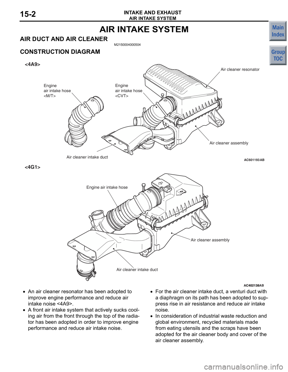MITSUBISHI COLT 2006 Service Owners Guide
AIR INTAKE SYSTEM
INTAKE AND EXHAUST15-2
AIR INTAKE SYSTEM
AIR DUCT AND AIR CLEANER M2150004000504
CONSTRUCTION DIAGRAM
AC601193AB
Engine
air intake hose
<CVT>Air cleaner assembly
Air cleaner intake MITSUBISHI COLT 2006 Service Owners Guide
AIR INTAKE SYSTEM
INTAKE AND EXHAUST15-2
AIR INTAKE SYSTEM
AIR DUCT AND AIR CLEANER M2150004000504
CONSTRUCTION DIAGRAM
AC601193AB
Engine
air intake hose
<CVT>Air cleaner assembly
Air cleaner intake