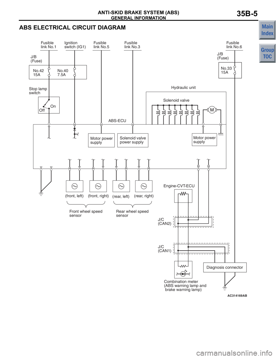 MITSUBISHI COLT 2006  Service Repair Manual 
GENERAL INFORMATION
ANTI-SKID BRAKE SYSTEM (ABS)35B-5
ABS ELECTRICAL CIRCUIT DIAGRAM
AC314169
Engine-CVT-ECU
Front wheel speed
sensor Rear wheel speed
sensor
Motor power
supply
Solenoid valve
power s