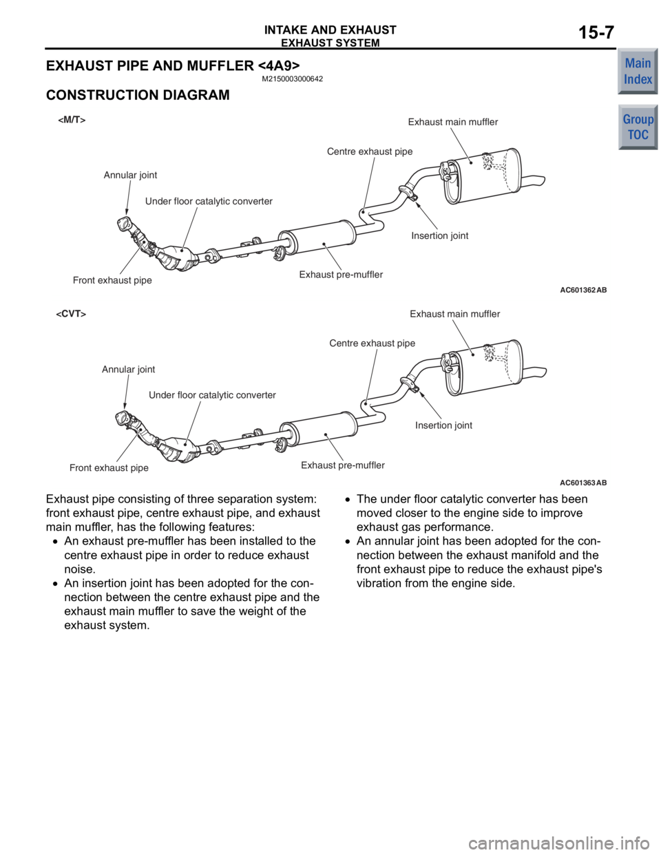 MITSUBISHI COLT 2006 Service Service Manual
EXHAUST SYSTEM
INTAKE AND EXHAUST15-7
EXHAUST PIPE AND MUFFLER <4A9>
M2150003000642
CONSTRUCTION DIAGRAM
AC601362AB
Centre exhaust pipeExhaust main muffler
Front exhaust pipeAnnular joint
Under floor MITSUBISHI COLT 2006 Service Service Manual
EXHAUST SYSTEM
INTAKE AND EXHAUST15-7
EXHAUST PIPE AND MUFFLER <4A9>
M2150003000642
CONSTRUCTION DIAGRAM
AC601362AB
Centre exhaust pipeExhaust main muffler
Front exhaust pipeAnnular joint
Under floor