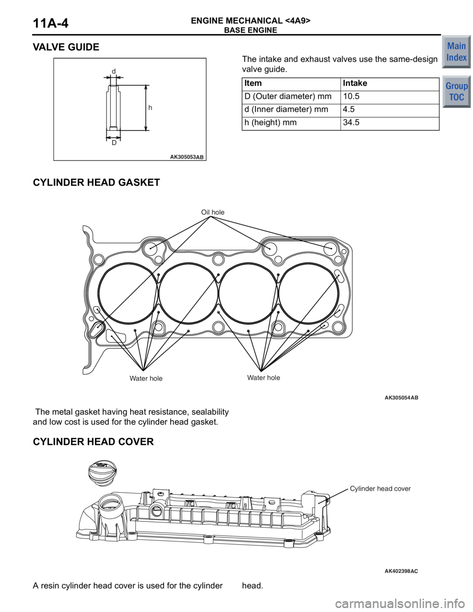 MITSUBISHI COLT 2006  Service Repair Manual 
BASE ENGINE
ENGINE MECHANICAL <4A9>11A-4
VA LV E  G U I D E
AK305053
d
AB
Dh
The in
t a ke an d exhaust valves use the same -design 
valve gu
ide.
ItemIntake
D (Outer diameter) mm10.5
d (Inner diamet