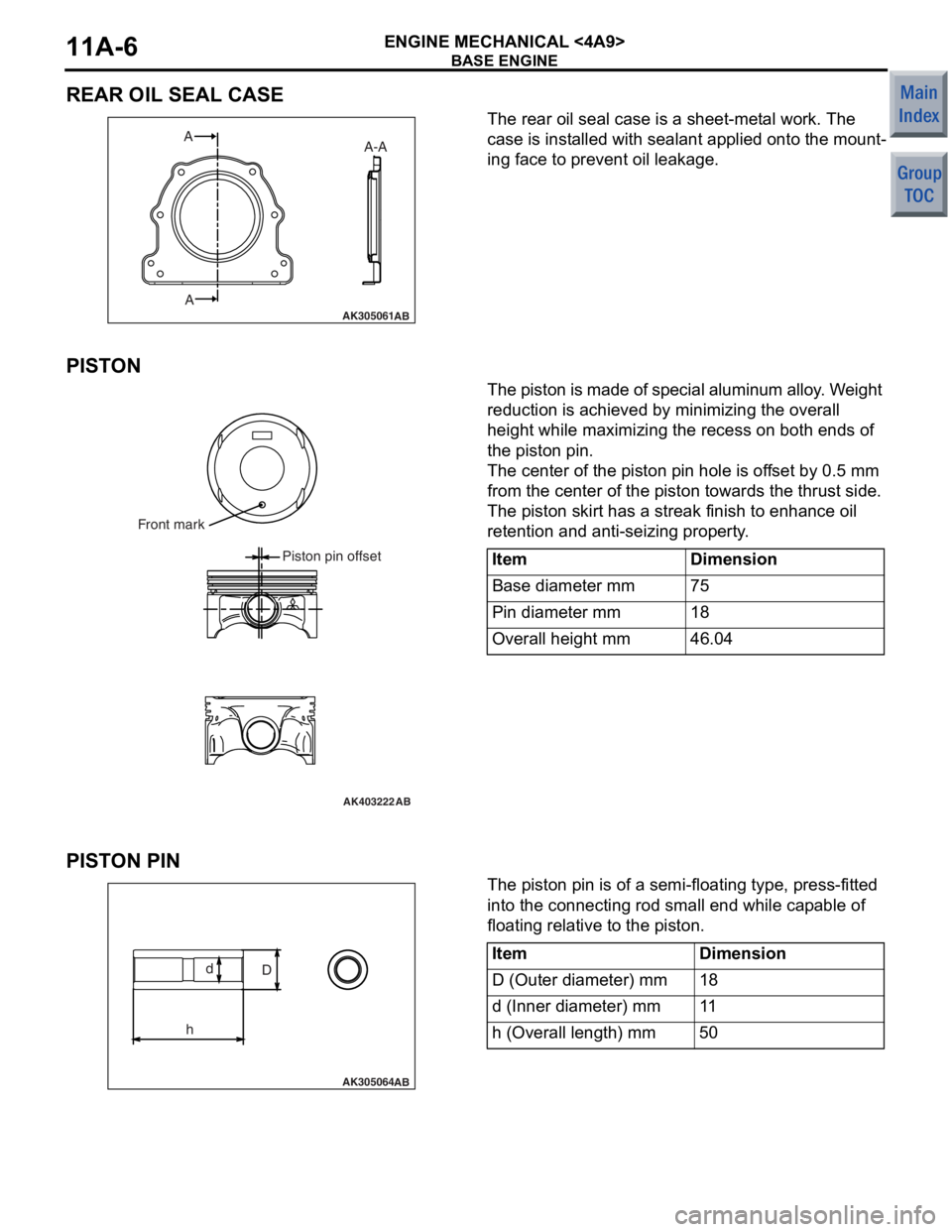 MITSUBISHI COLT 2006  Service Repair Manual 
BASE ENGINE
ENGINE MECHANICAL <4A9>11A-6
REAR OIL SEAL CASE
AK305061AB
AA A-A
The rea
r  oil seal ca se is a sheet -met al  wor k . The  
case is 
inst alled with  sealant ap plie d onto th e mou n t