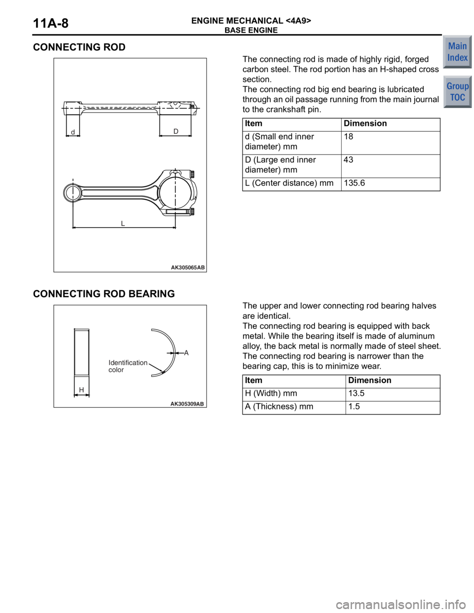 MITSUBISHI COLT 2006  Service Repair Manual 
BASE ENGINE
ENGINE MECHANICAL <4A9>11A-8
CONNECTING ROD
AK305065AB
dD
L
The connecting  rod is made of  high ly rigid,  forged  
carb
on stee l.  The  rod p o rtion h a s an  H- sha ped  cro s s 
sec