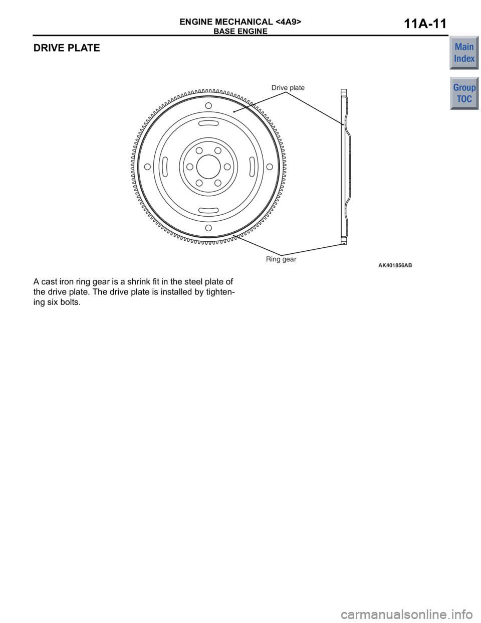 MITSUBISHI COLT 2006 Service Workshop Manual
BASE ENGINE
ENGINE MECHANICAL <4A9>11A-11
DRIVE PLATE
AK401856Ring gearDrive plateAB
A cast iron
ring g ear is a shrin k fit in th e ste e l plate o f
the drive p
l ate. The drive p l ate is in MITSUBISHI COLT 2006 Service Workshop Manual
BASE ENGINE
ENGINE MECHANICAL <4A9>11A-11
DRIVE PLATE
AK401856Ring gearDrive plateAB
A cast iron
ring g ear is a shrin k fit in th e ste e l plate o f
the drive p
l ate. The drive p l ate is in