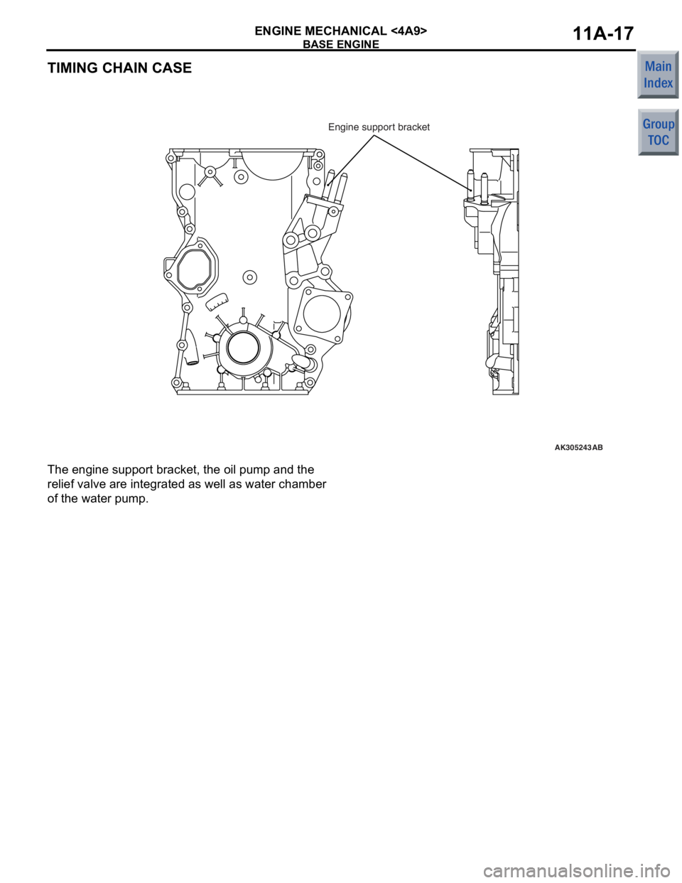 MITSUBISHI COLT 2006 Service Manual PDF
BASE ENGINE
ENGINE MECHANICAL <4A9>11A-17
TIMING CHAIN CASE
AK305243
Engine support bracket
AB
The engine supp ort bracket, the oil pu mp a nd the
relie
f valve are in tegrate d as we ll as wate MITSUBISHI COLT 2006 Service Manual PDF
BASE ENGINE
ENGINE MECHANICAL <4A9>11A-17
TIMING CHAIN CASE
AK305243
Engine support bracket
AB
The engine supp ort bracket, the oil pu mp a nd the
relie
f valve are in tegrate d as we ll as wate