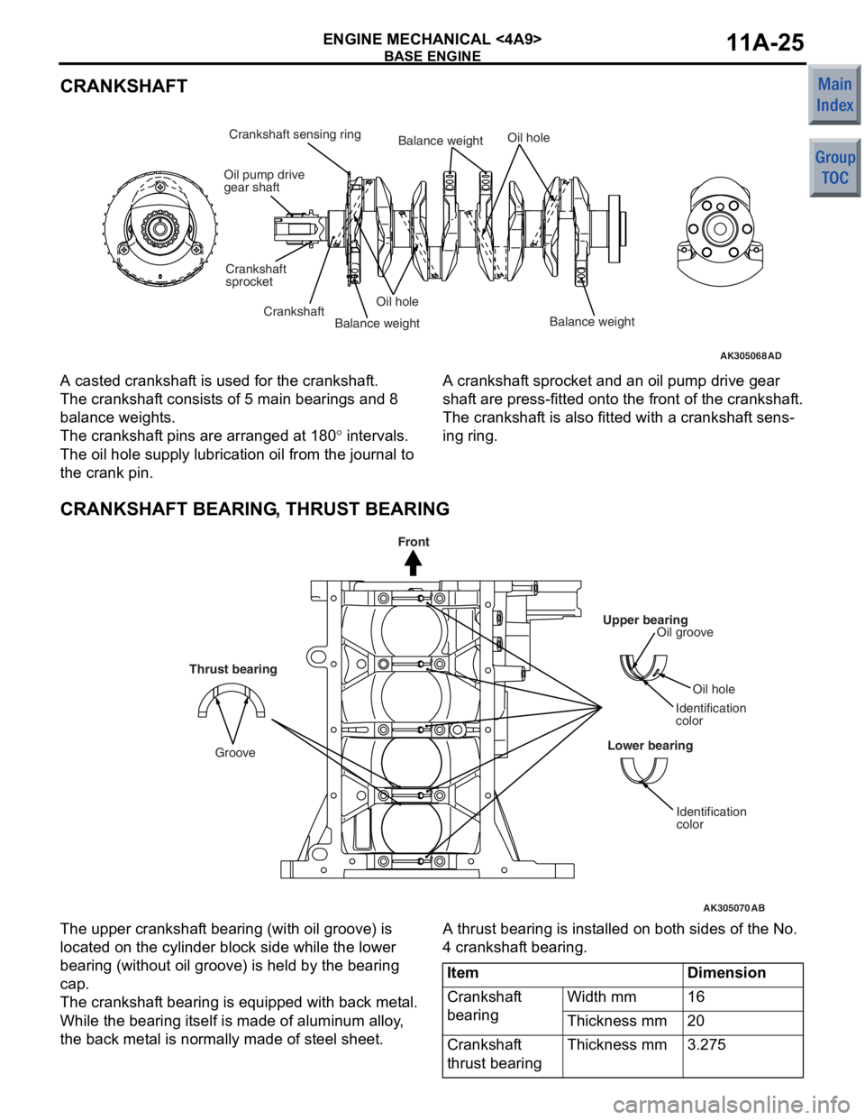 MITSUBISHI COLT 2006 Service Manual PDF
BASE ENGINE
ENGINE MECHANICAL <4A9>11A-25
CRANKSHAFT
AK305068AD
Oil pump drive
gear shaft
Crankshaft
sprocket
Crankshaft sensing ring
CrankshaftOil hole
Oil hole
Balance weightBalance weightBalance w MITSUBISHI COLT 2006 Service Manual PDF
BASE ENGINE
ENGINE MECHANICAL <4A9>11A-25
CRANKSHAFT
AK305068AD
Oil pump drive
gear shaft
Crankshaft
sprocket
Crankshaft sensing ring
CrankshaftOil hole
Oil hole
Balance weightBalance weightBalance w