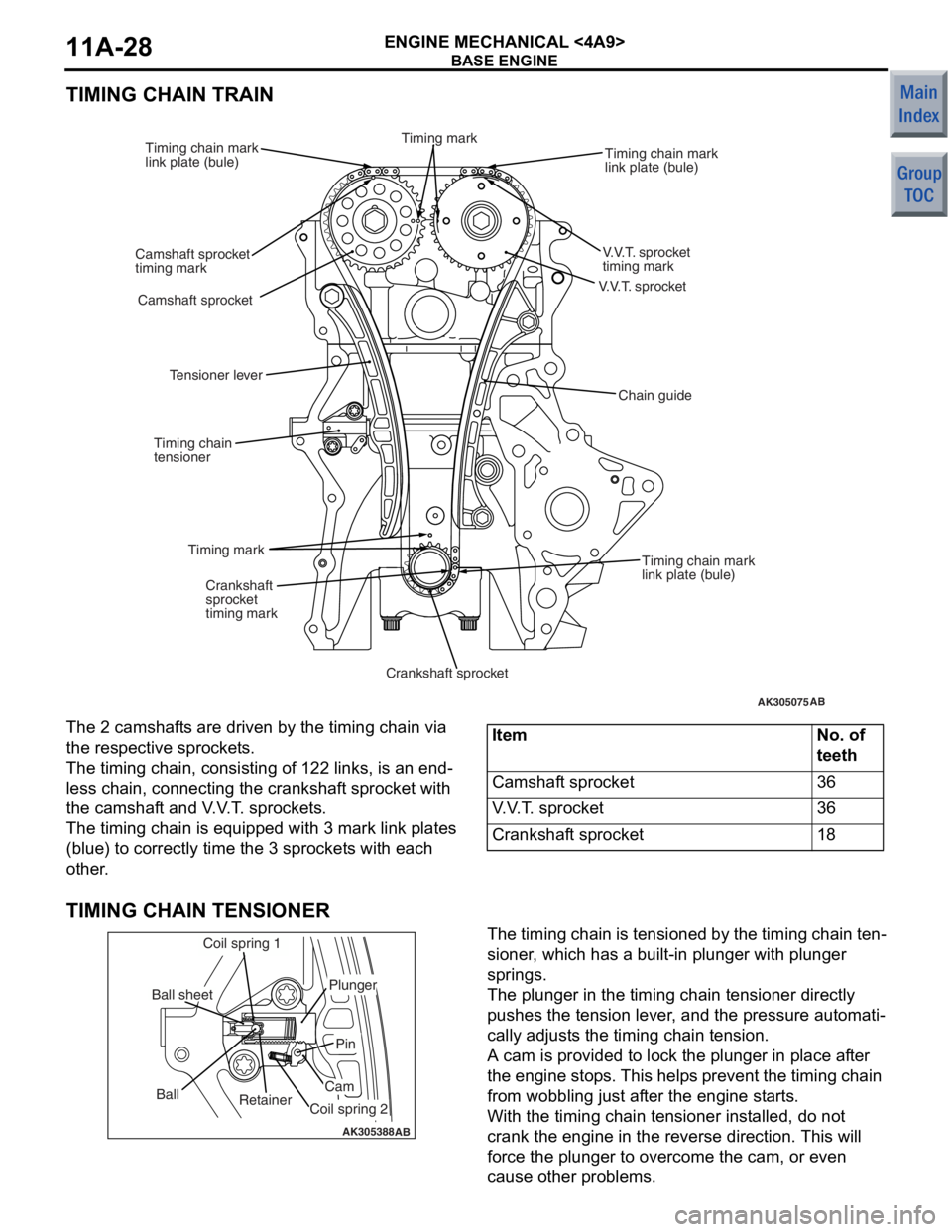 MITSUBISHI COLT 2006 Service Manual PDF
BASE ENGINE
ENGINE MECHANICAL <4A9>11A-28
TIMING CHAIN TRAIN
AK305075
V.V.T. sprocket
AB
V.V.T. sprocket
timing mark
Timing chain mark
link plate (bule)
Camshaft sprocket
Camshaft sprocket
timing mar MITSUBISHI COLT 2006 Service Manual PDF
BASE ENGINE
ENGINE MECHANICAL <4A9>11A-28
TIMING CHAIN TRAIN
AK305075
V.V.T. sprocket
AB
V.V.T. sprocket
timing mark
Timing chain mark
link plate (bule)
Camshaft sprocket
Camshaft sprocket
timing mar