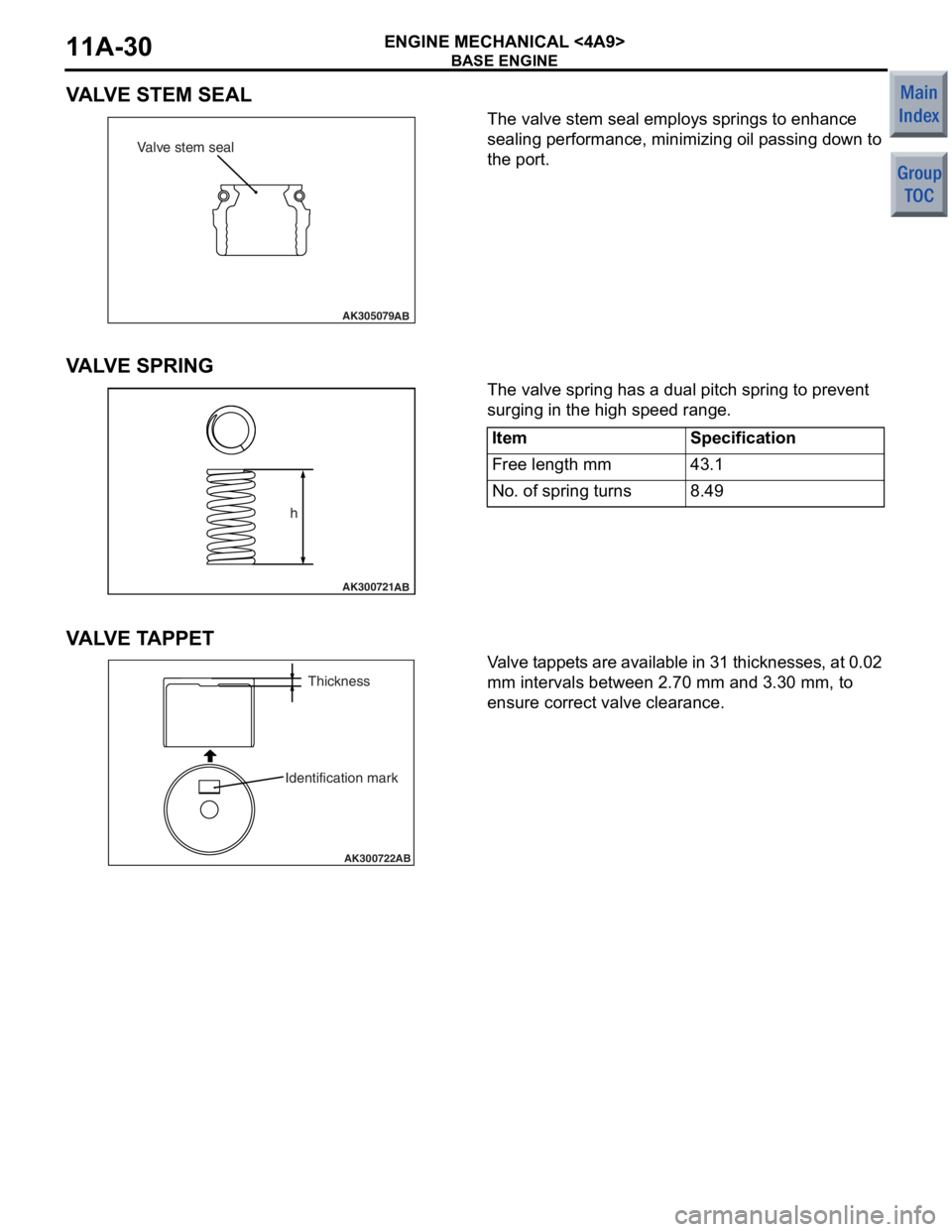 MITSUBISHI COLT 2006 Service Manual PDF
BASE ENGINE
ENGINE MECHANICAL <4A9>11A-30
VALVE STEM SEAL
AK305079AB
Valve stem seal
The valve stem seal e m ploys springs to enh ance
sealing p
e rformance , min i mi zing oil p a ssing do wn t MITSUBISHI COLT 2006 Service Manual PDF
BASE ENGINE
ENGINE MECHANICAL <4A9>11A-30
VALVE STEM SEAL
AK305079AB
Valve stem seal
The valve stem seal e m ploys springs to enh ance
sealing p
e rformance , min i mi zing oil p a ssing do wn t