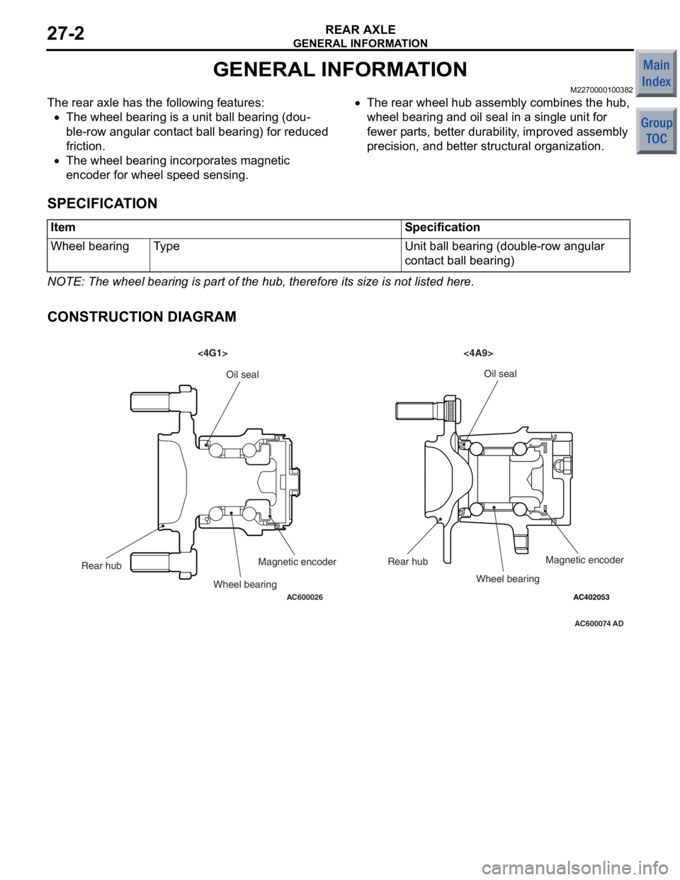 MITSUBISHI COLT 2006  Service Manual Online 
GENERAL INFORMATION
REAR AXLE27-2
GENERAL INFORMATION
M2270000100382
The rear axle has the following features:
•The wheel bearing is a unit ball bearing (dou-
ble-row angular contact ball bearing) 
