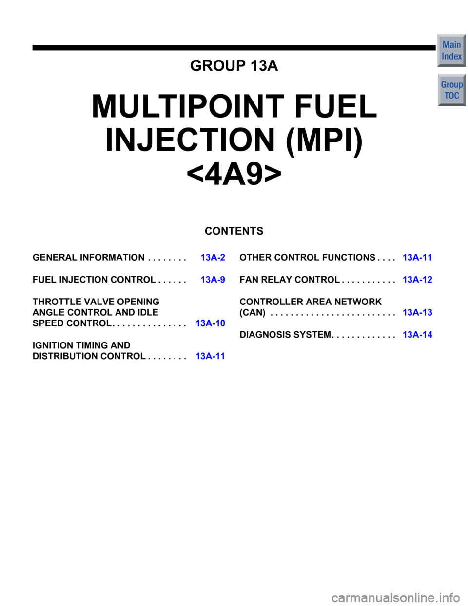 MITSUBISHI COLT 2006 Service Repair Manual GROUP 13A
MULTIPOINT FUEL INJECTION (MPI)
<4A9>
CONTENTS
GENERAL INFORMATIO N . . . . . . . .13A-2
FUEL INJECTION CONTROL . . . . . .13A-9
THROTTLE VALVE OPENING
ANGLE CONTROL AND IDLE
SPEED CON MITSUBISHI COLT 2006 Service Repair Manual GROUP 13A
MULTIPOINT FUEL INJECTION (MPI)
<4A9>
CONTENTS
GENERAL INFORMATIO N . . . . . . . .13A-2
FUEL INJECTION CONTROL . . . . . .13A-9
THROTTLE VALVE OPENING
ANGLE CONTROL AND IDLE
SPEED CON